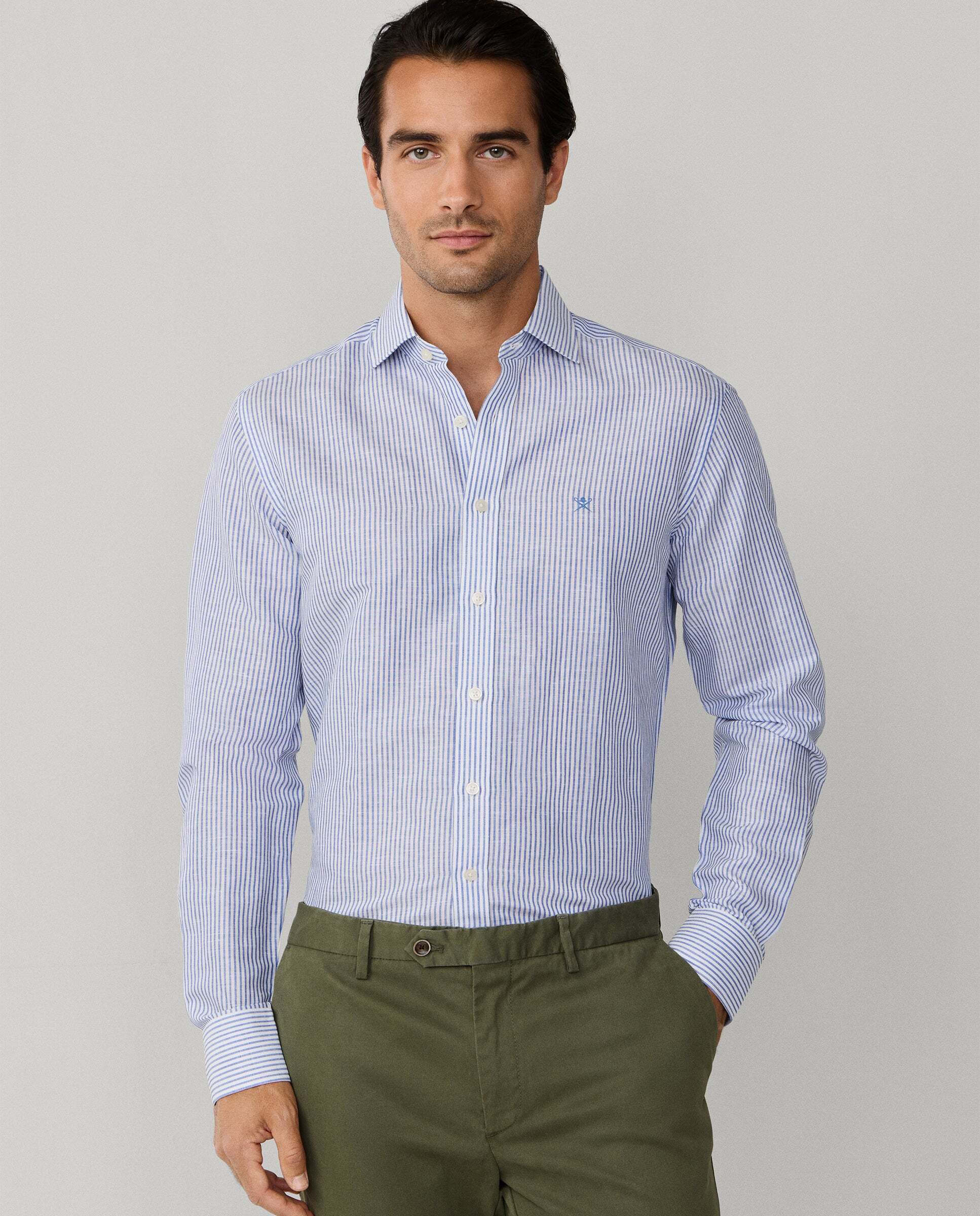 Imagen 0 de Camisa rayas lino-algodón fit tailored Verde