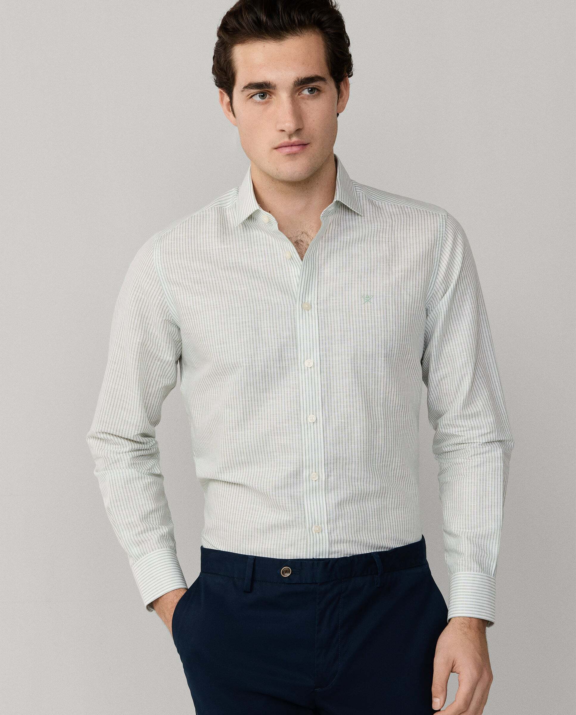 Camisa rayas lino-algodón fit tailored - Hackett - Azul claro Verde-1