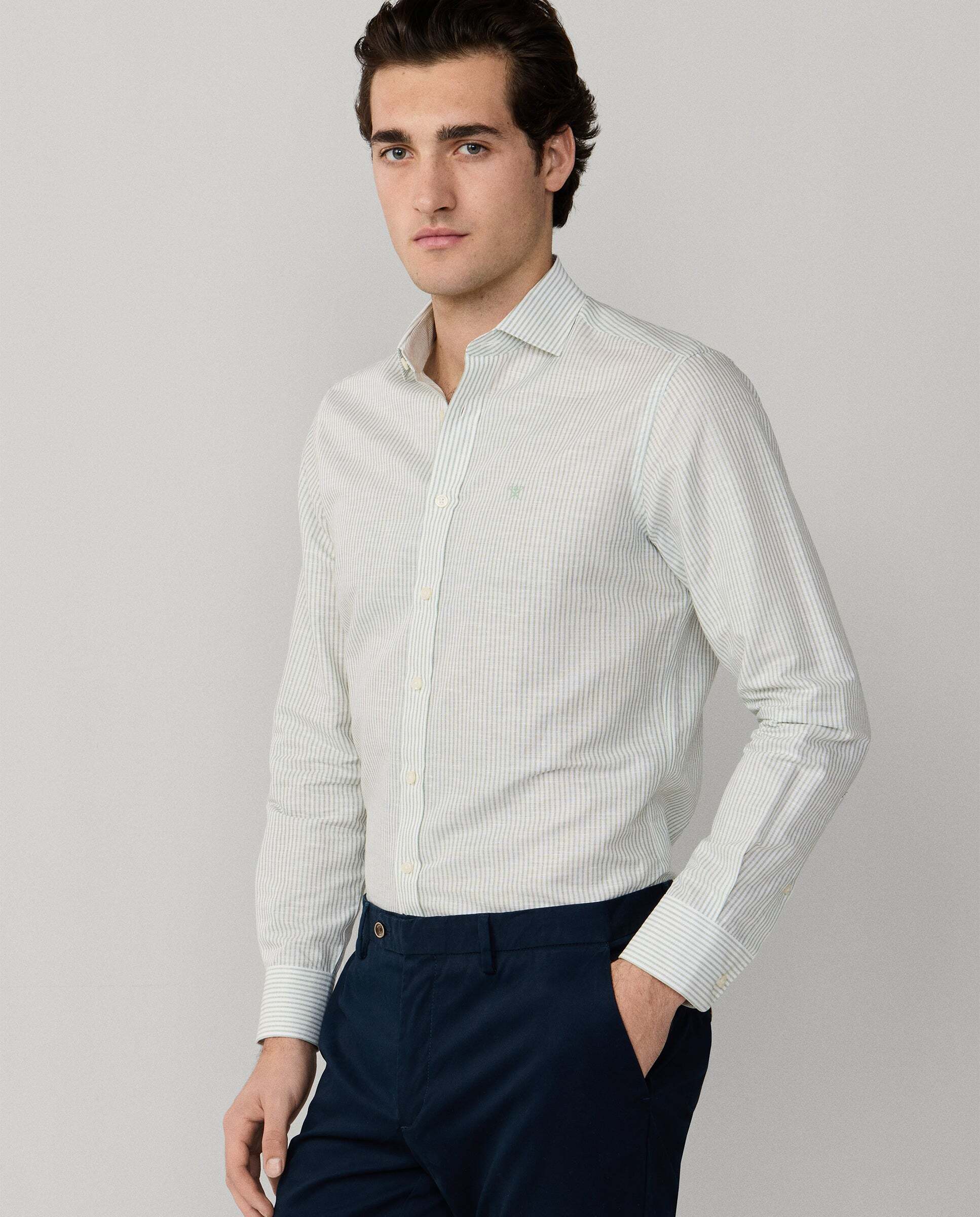 Camisa rayas lino-algodón fit tailored - Hackett - Azul claro Verde-7