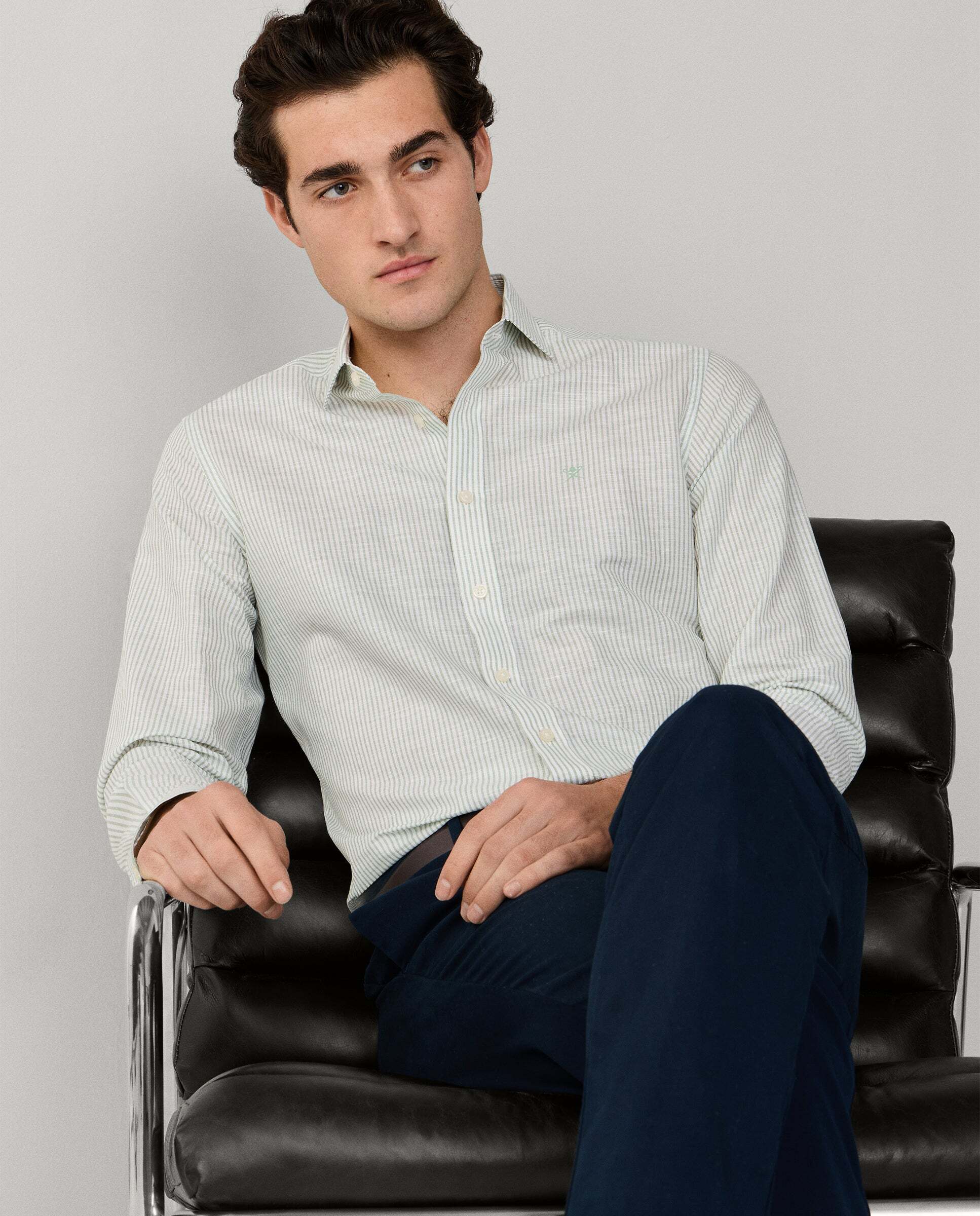 Camisa rayas lino-algodón fit tailored - Hackett - Azul claro Verde-8