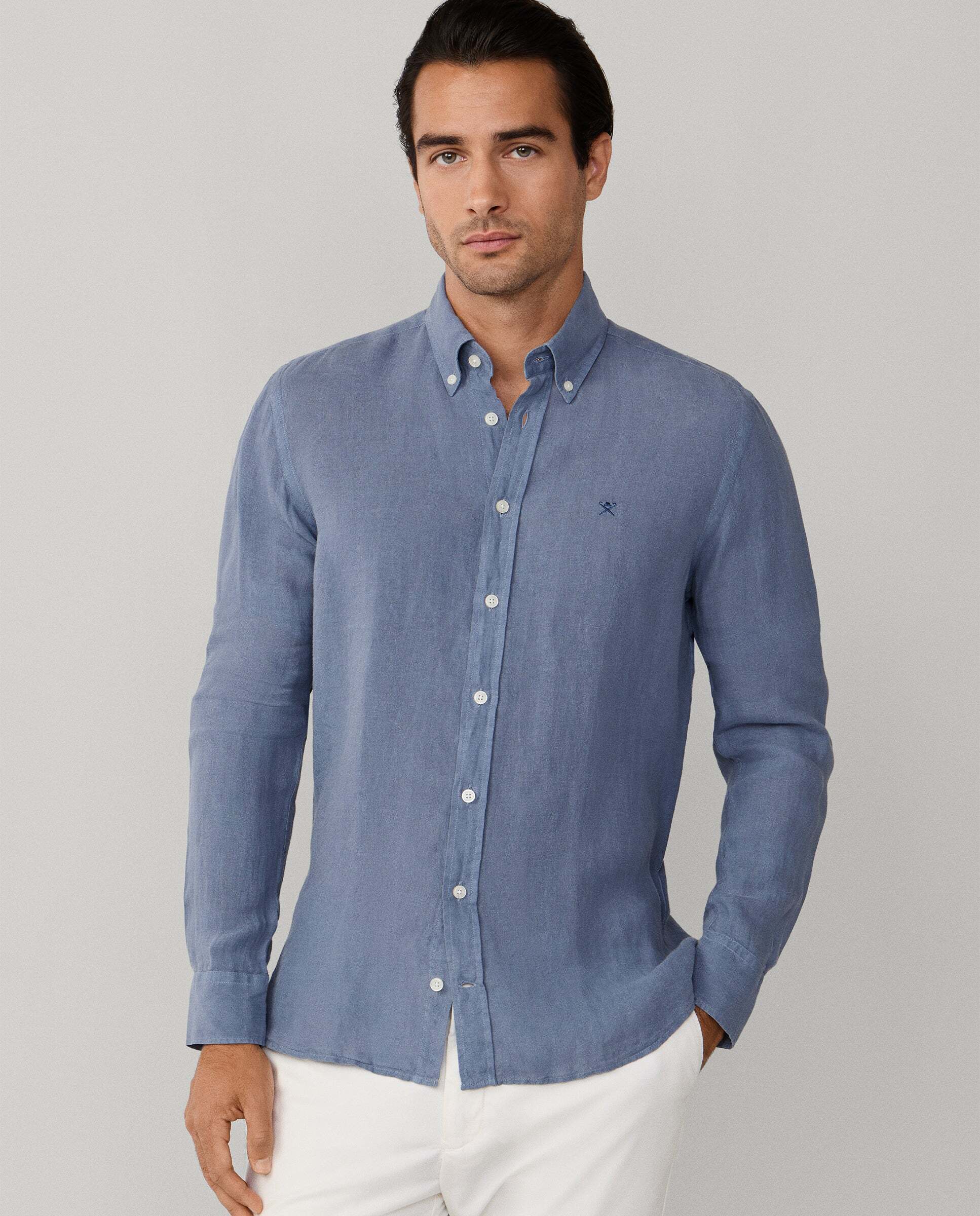 Camisa de lino de hombre teñida en prenda fit tailored - Hackett - Azul grisáceo Azul grisáceo-1
