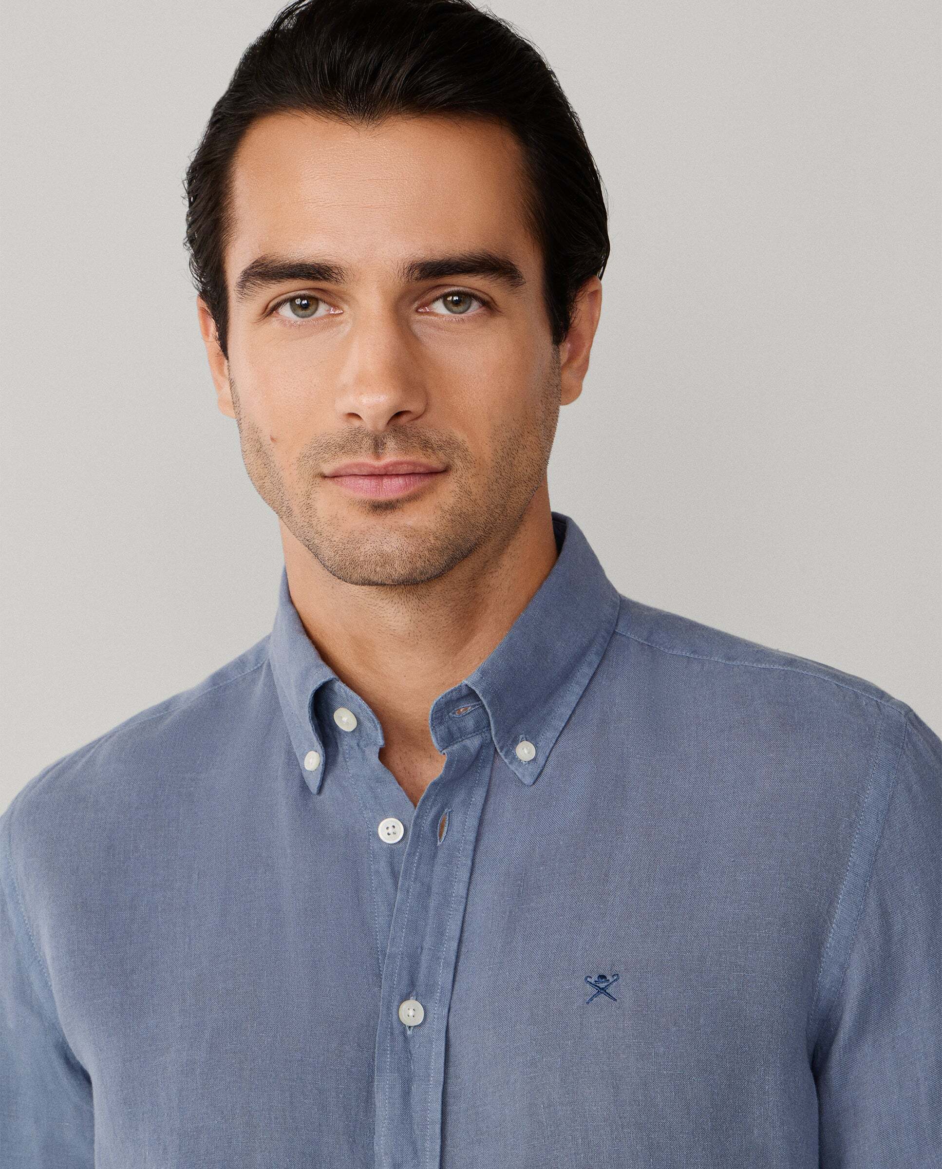 Camisa de lino de hombre teñida en prenda fit tailored - Hackett - Azul grisáceo Azul grisáceo-4