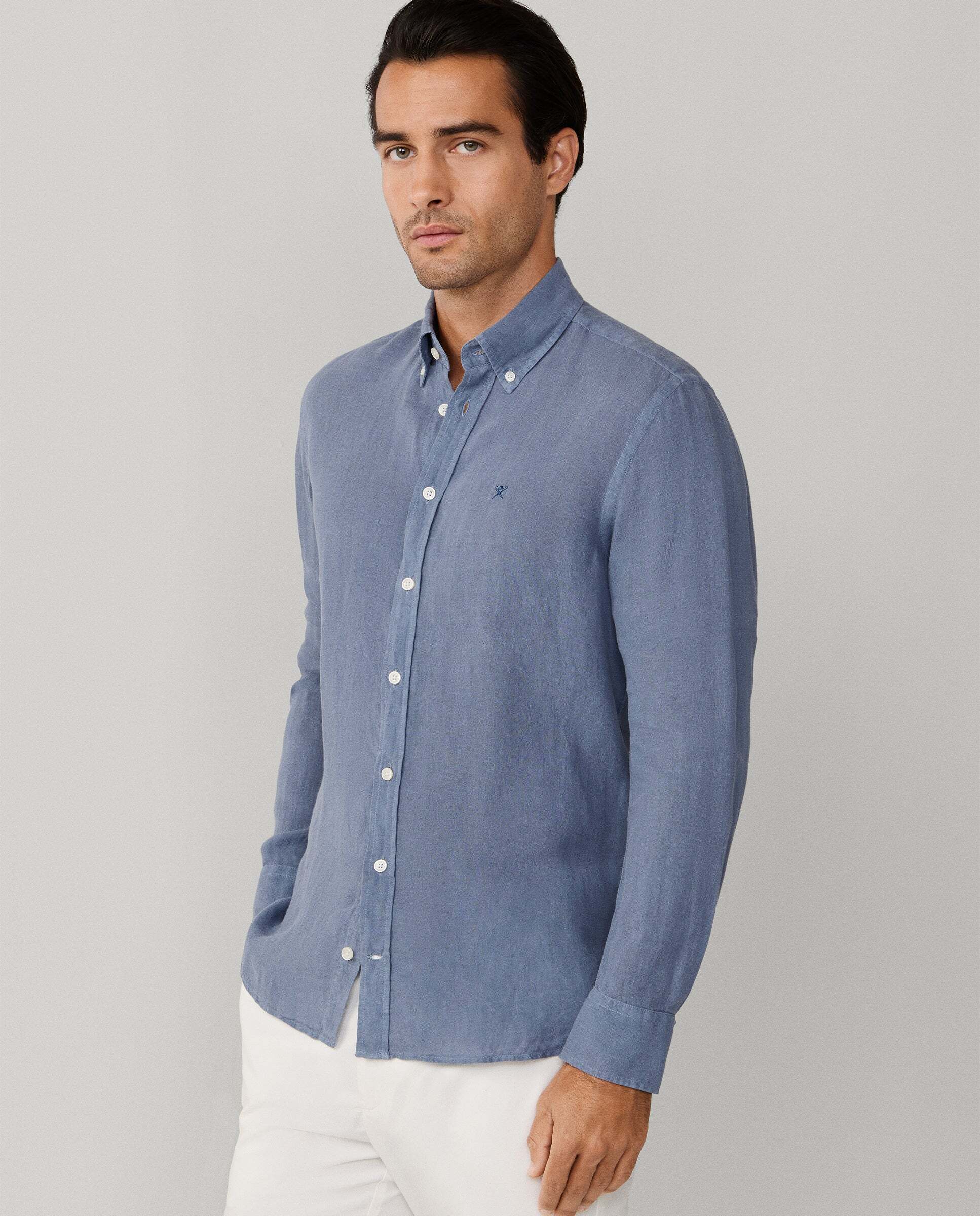 Camisa de lino de hombre teñida en prenda fit tailored - Hackett - Azul grisáceo Azul grisáceo-6