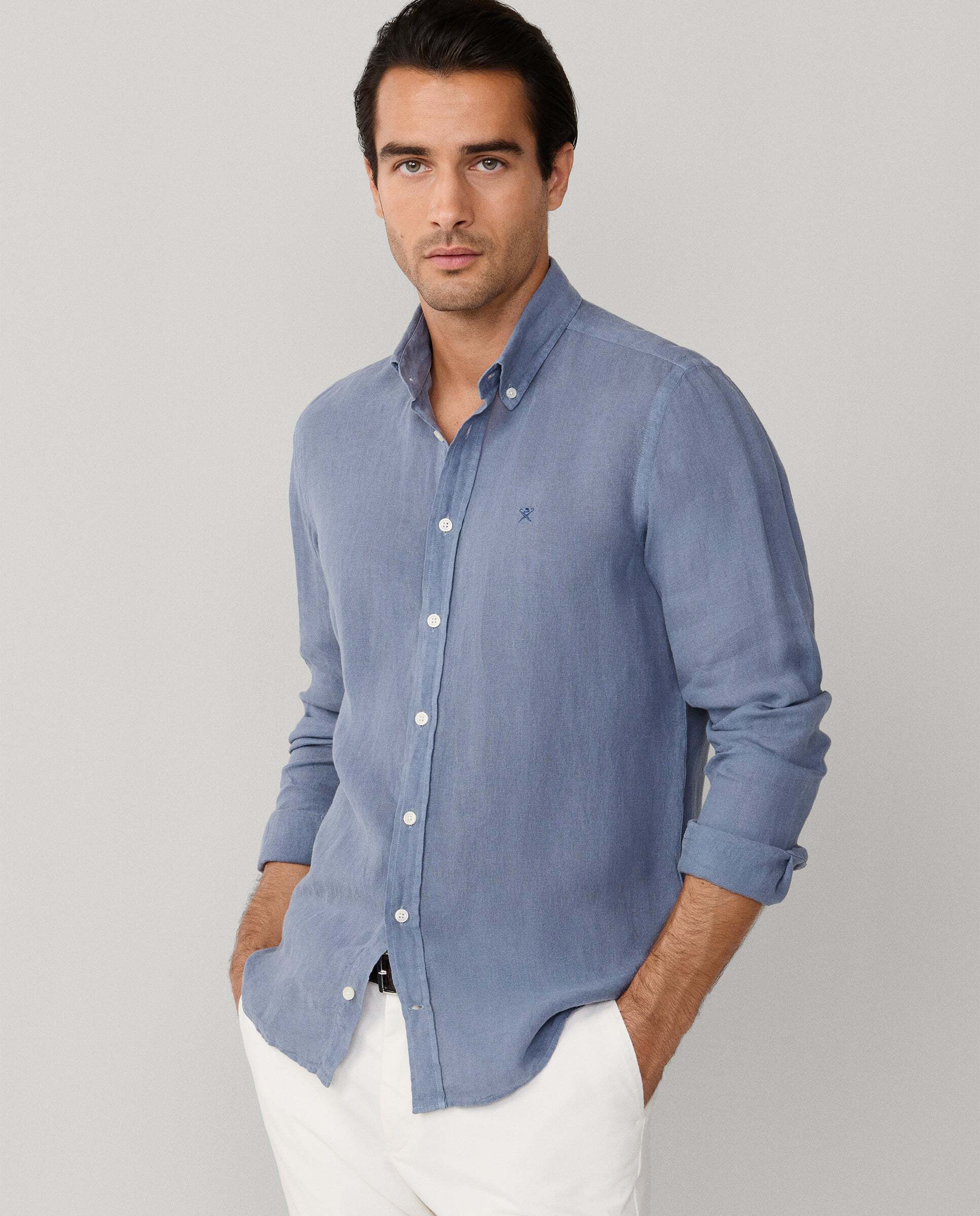 Camisa de lino de hombre teñida en prenda fit tailored - Hackett - Azul grisáceo Azul grisáceo-7