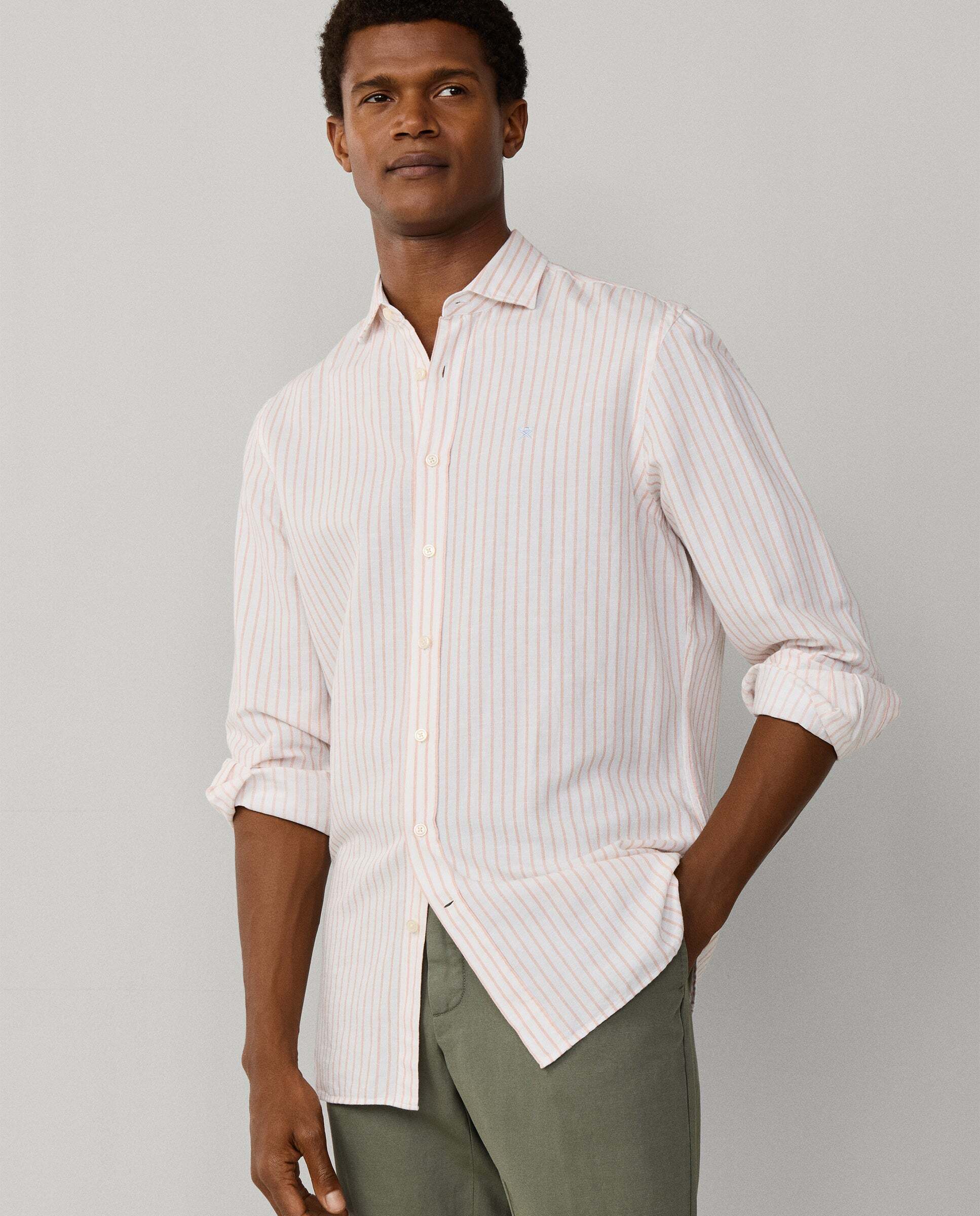 Camisa de hombre lino rayas fit tailored - Hackett - Melocotón Melocotón-7