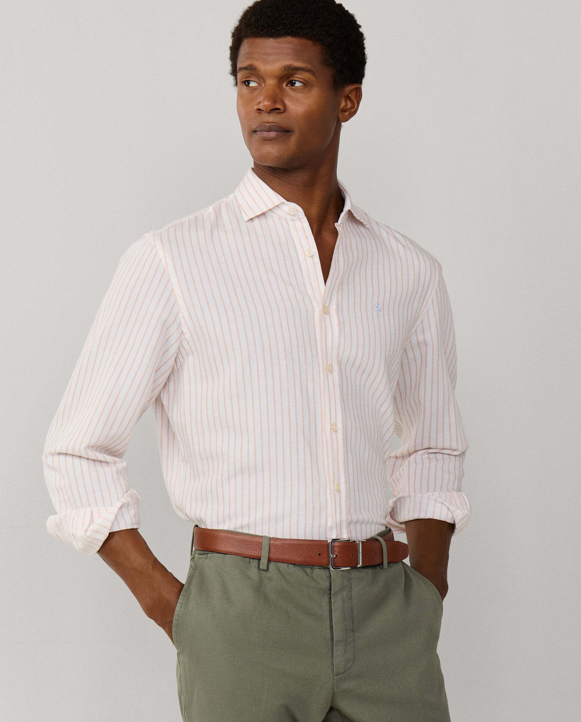 Camisa de hombre lino rayas fit tailored - Hackett - Melocotón Melocotón-9