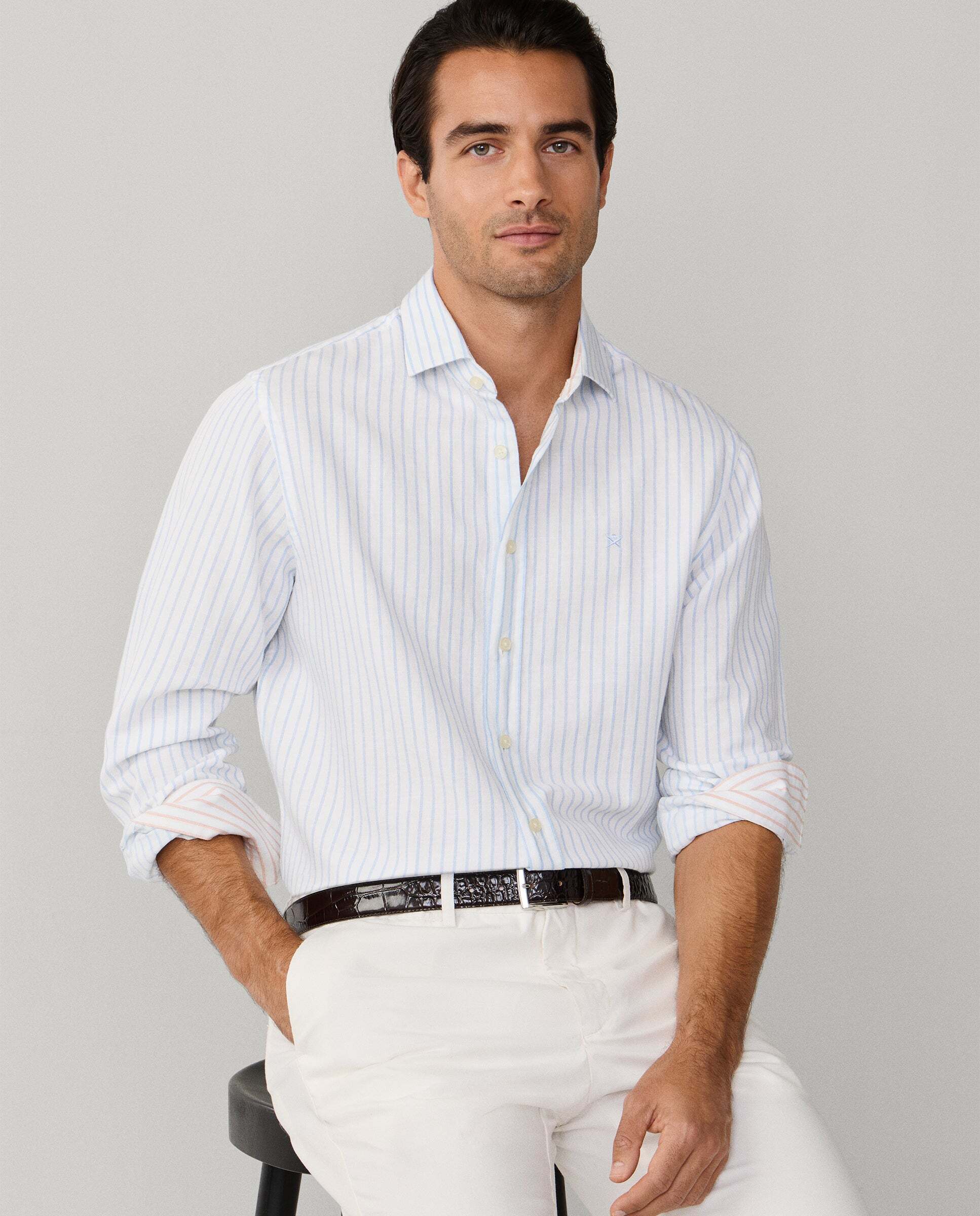 Camisa de hombre lino rayas fit tailored - Hackett - Azul claro Azul claro-7