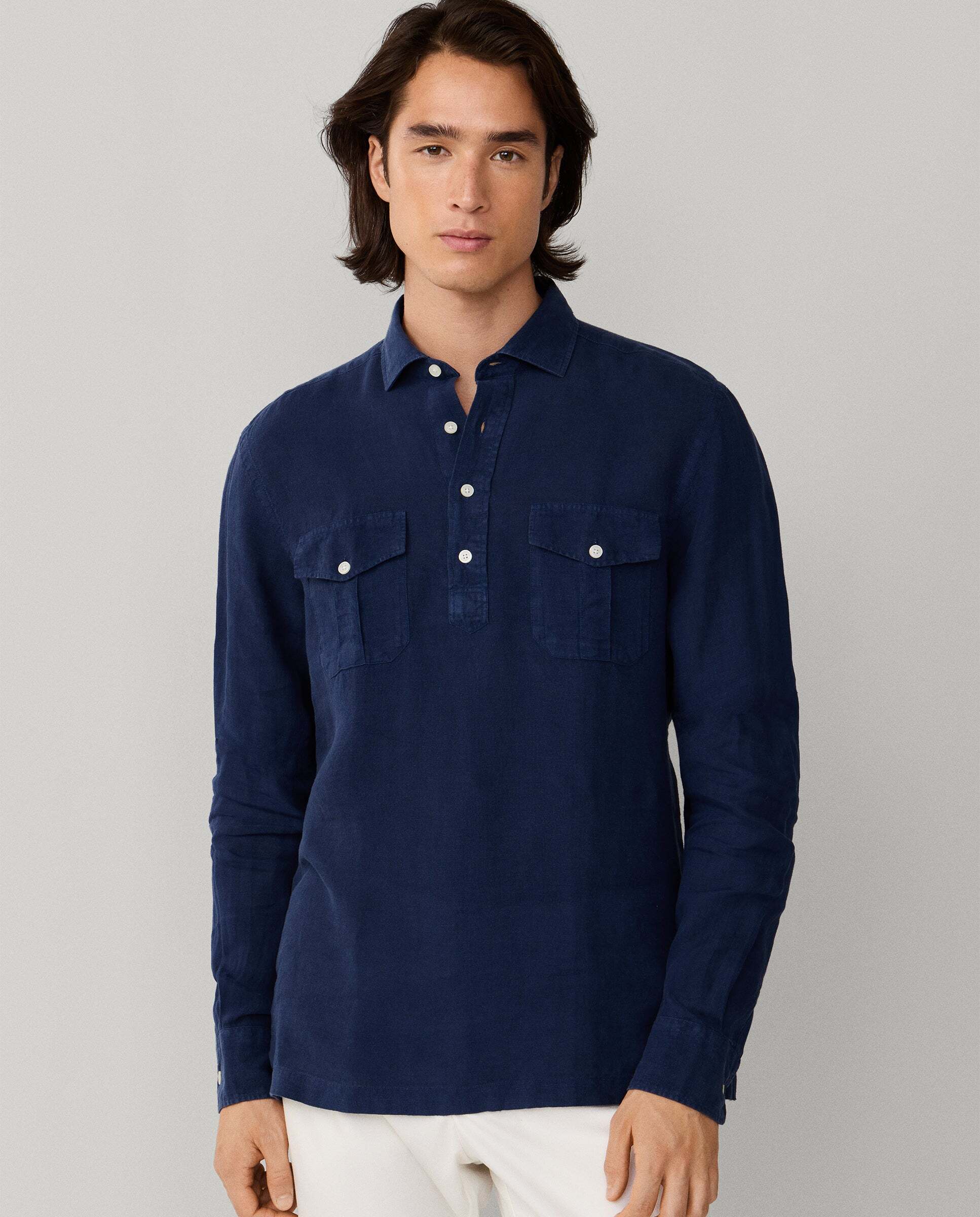 Hackett - Camisa de lino de hombre media tapeta fit clásico.