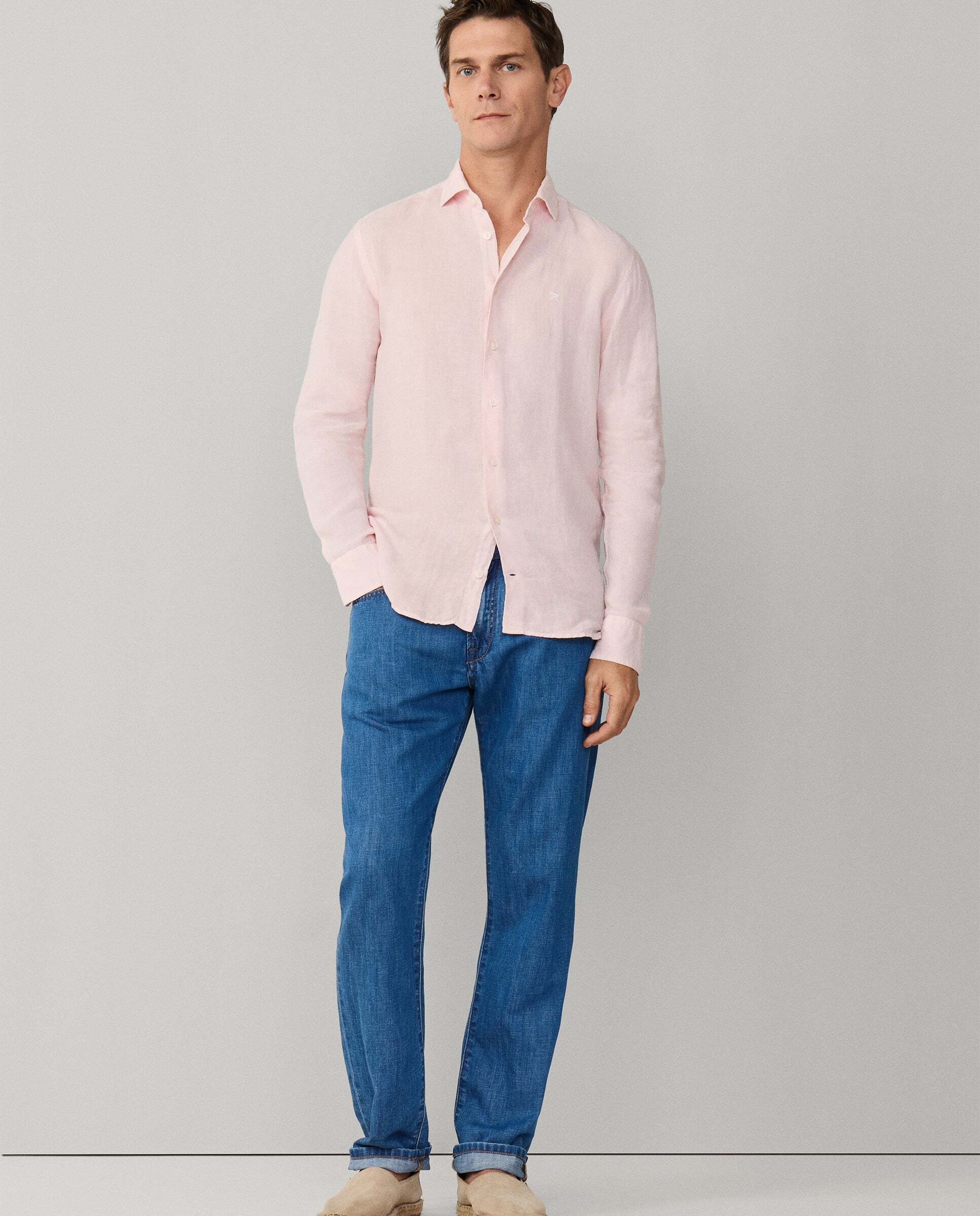 Camisa de hombre de lino teñida en prenda fit tailored - Hackett - Verde militar Rosa pastel-2