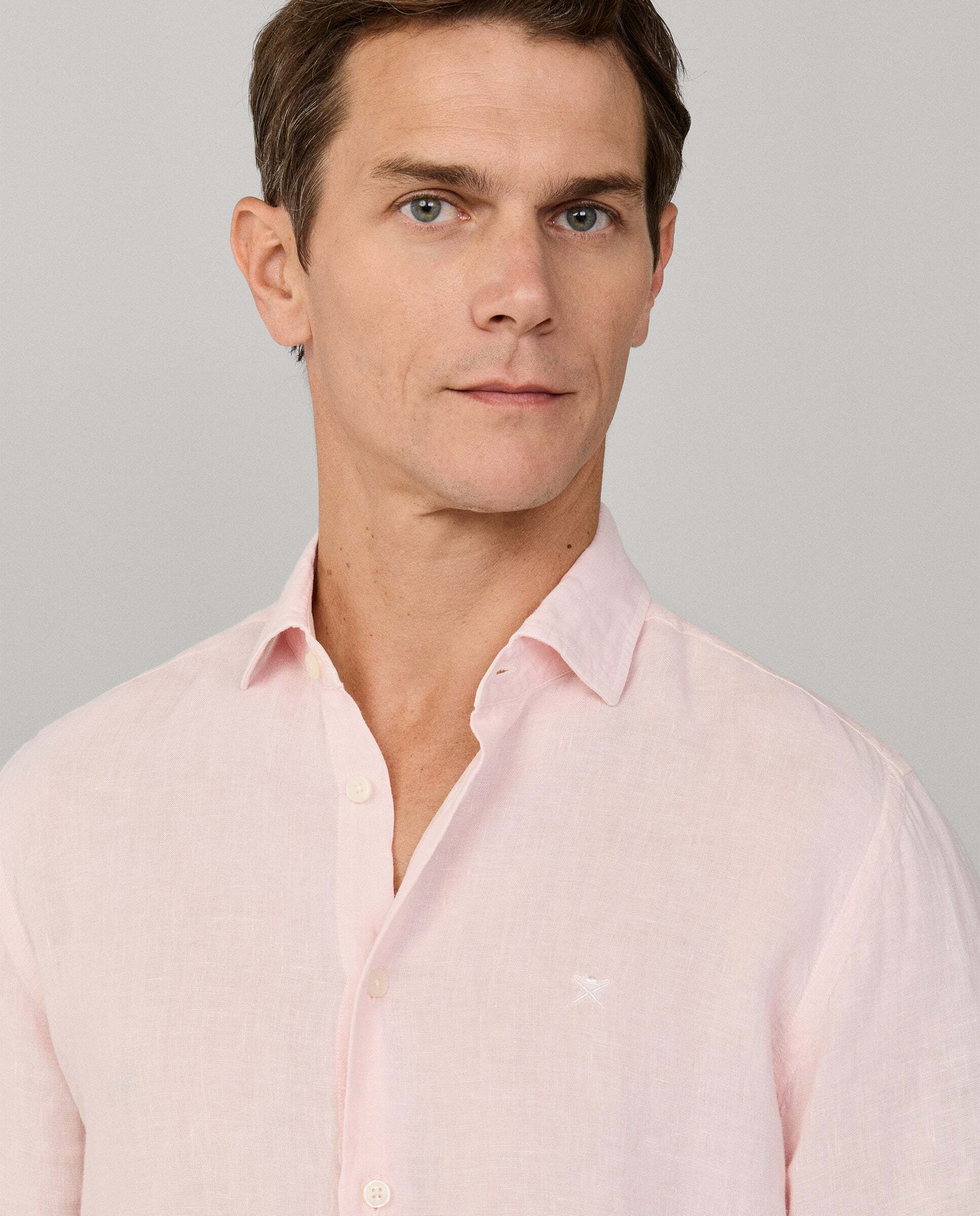 Camisa de hombre de lino teñida en prenda fit tailored - Hackett - Verde militar Rosa pastel-4