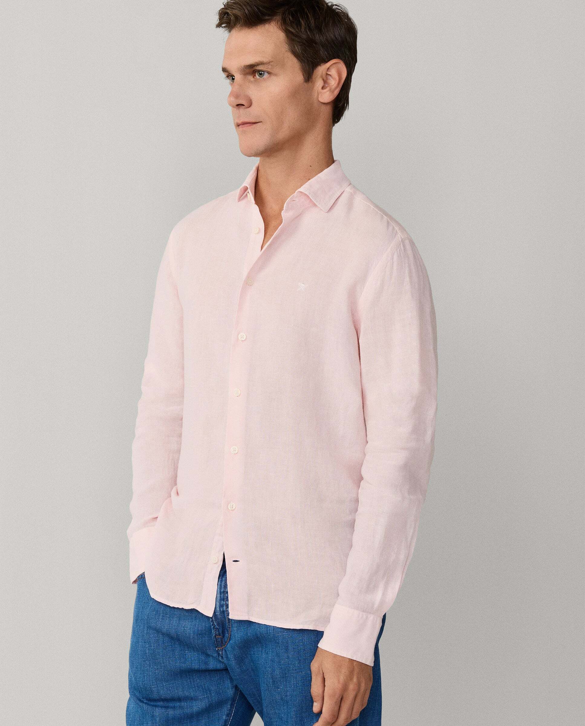Camisa de hombre de lino teñida en prenda fit tailored - Hackett - Verde militar Rosa pastel-7