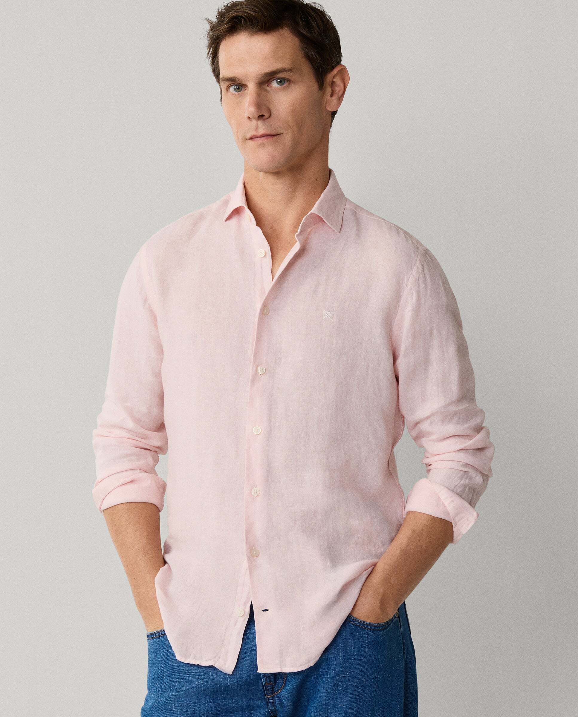 Camisa de hombre de lino teñida en prenda fit tailored - Hackett - Verde militar Rosa pastel-8