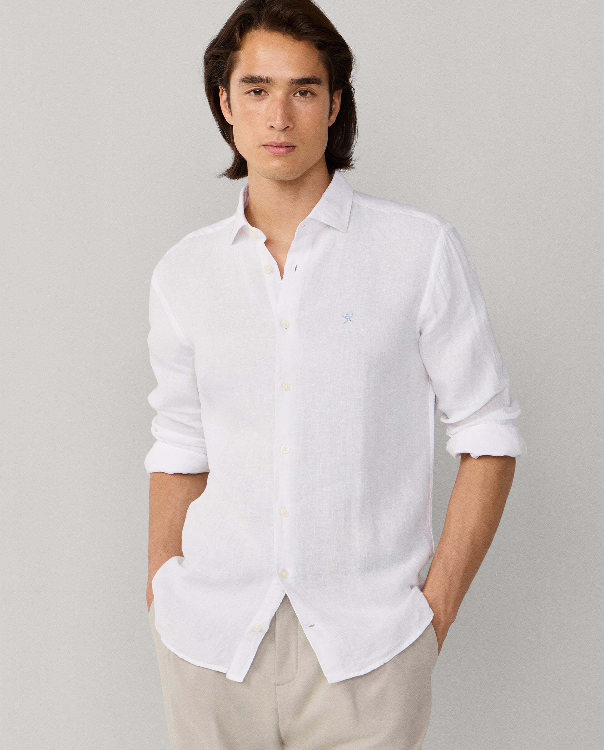 Camisa de hombre de lino teñida en prenda fit tailored - Hackett - Blanco Blanco-7