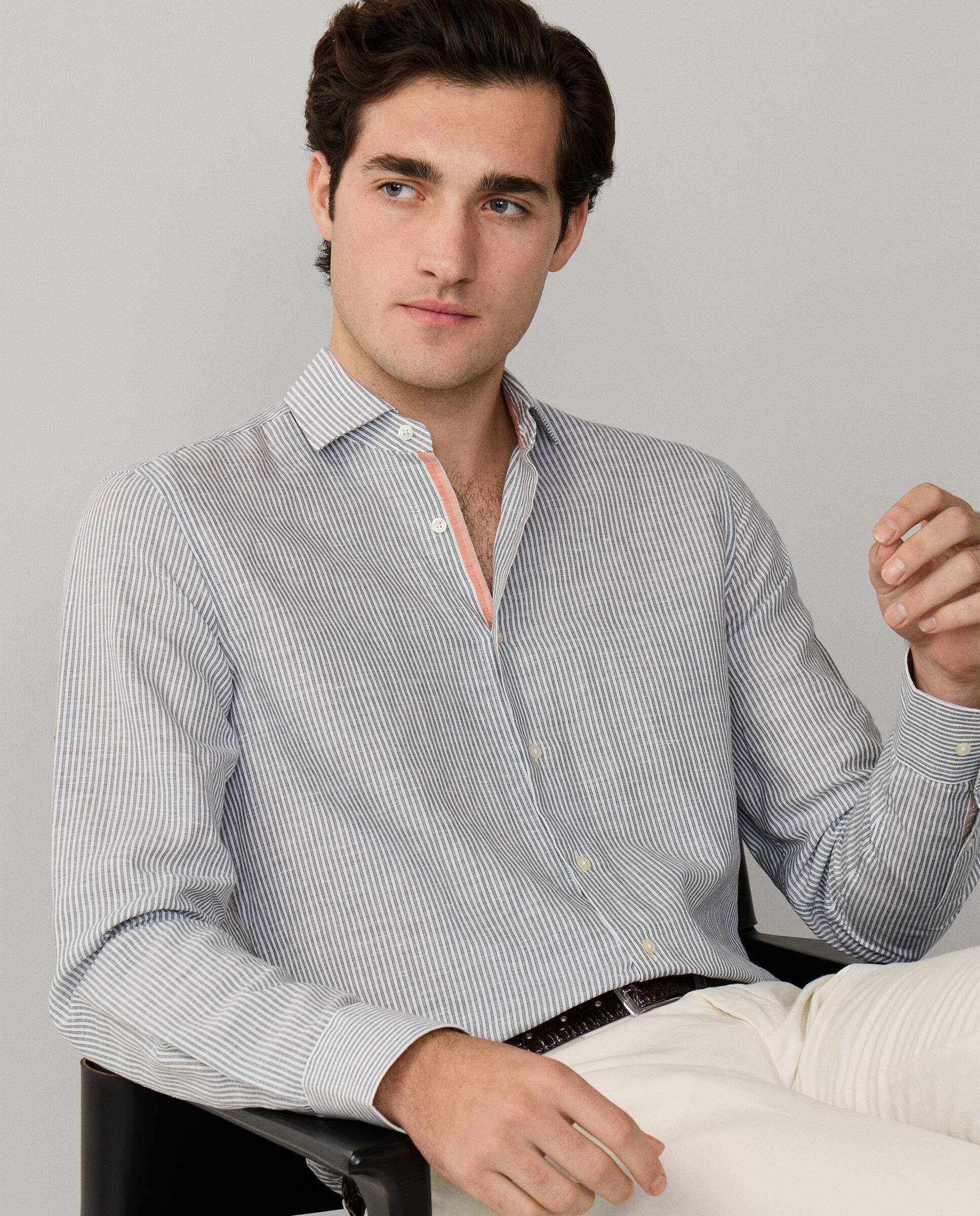 Camisa de hombre selvedge algodón-lino fit clásico - Hackett - Verde Verde-8