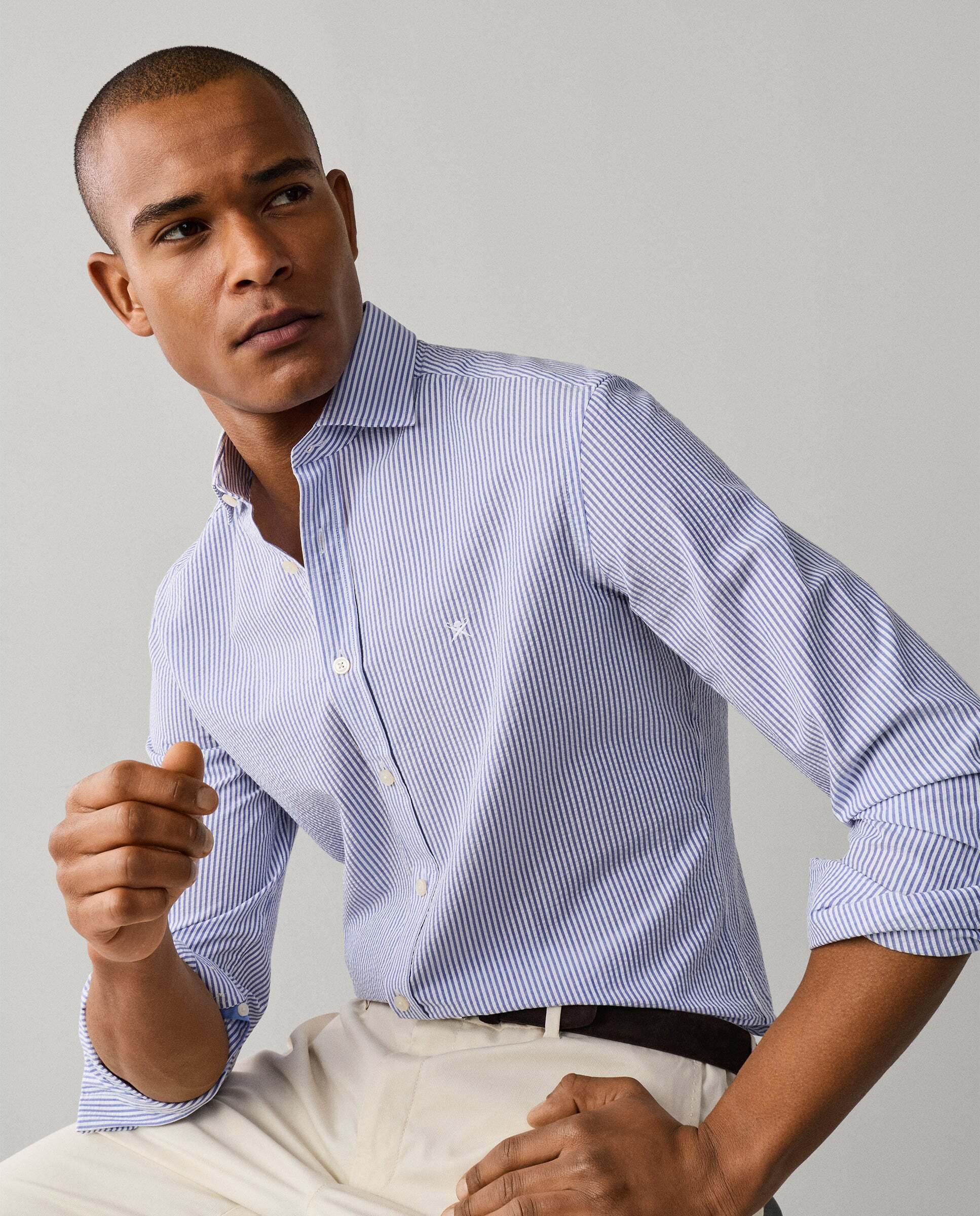 Camisa de hombre de rayas bengala seersucker fit tailored - Hackett - Azul Azul-8