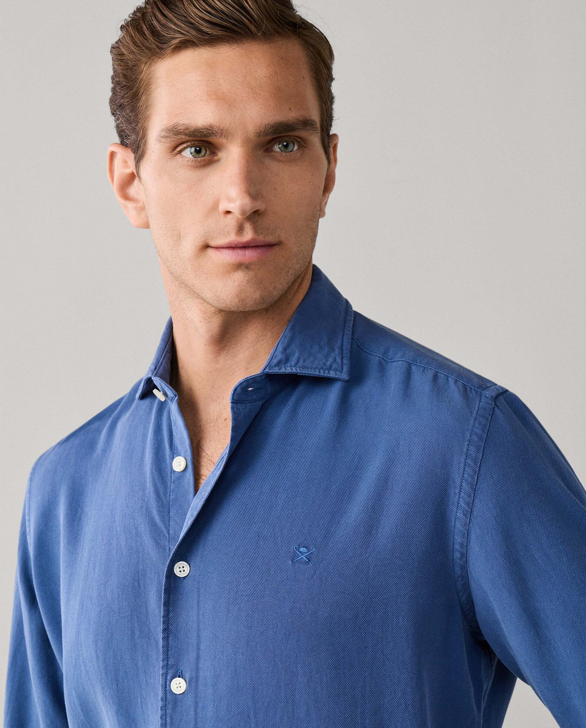 Camisa de hombre texturizada teñida en prenda fit tailored - Hackett - Azul Azul-4