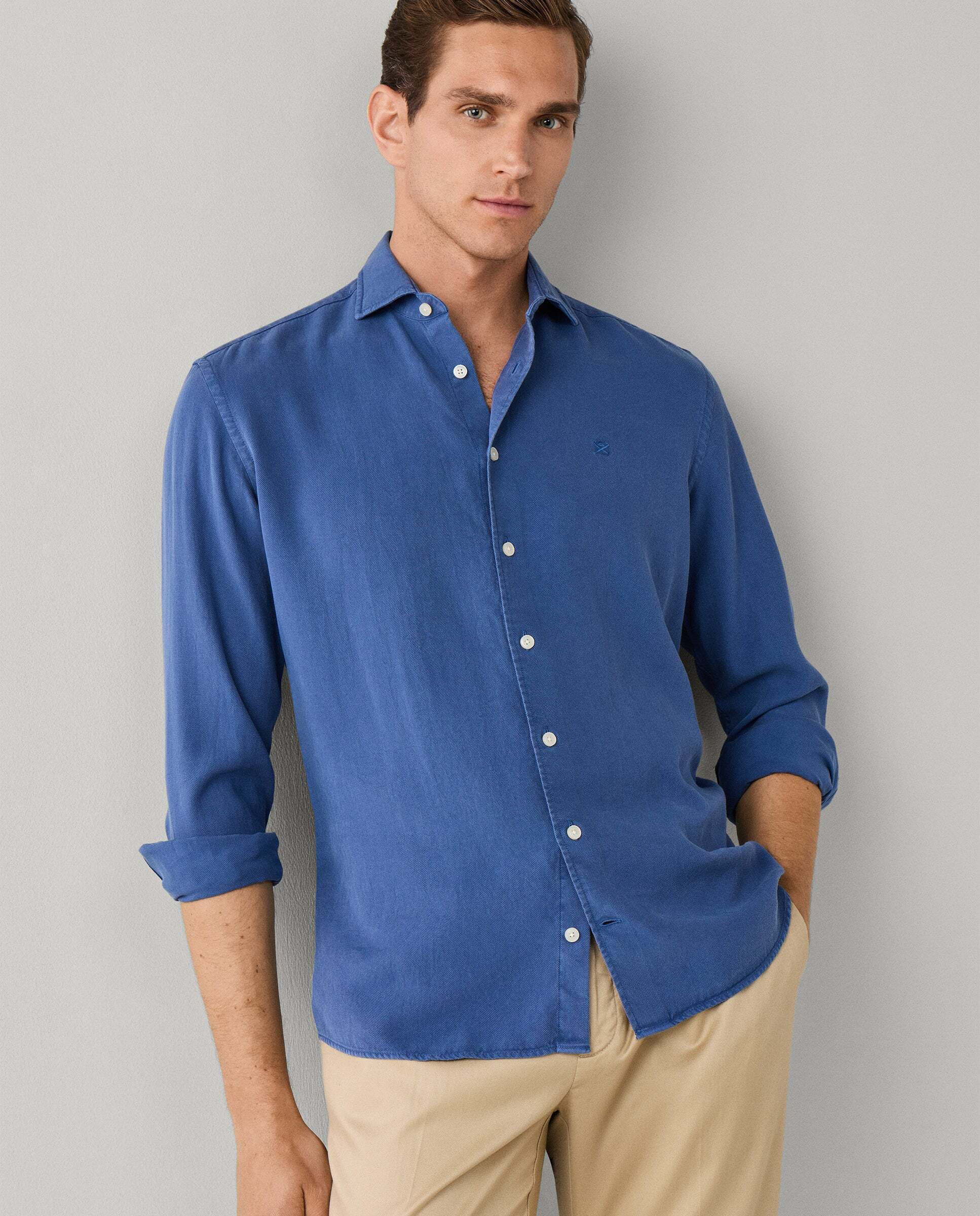 Camisa de hombre texturizada teñida en prenda fit tailored - Hackett - Azul Azul-8