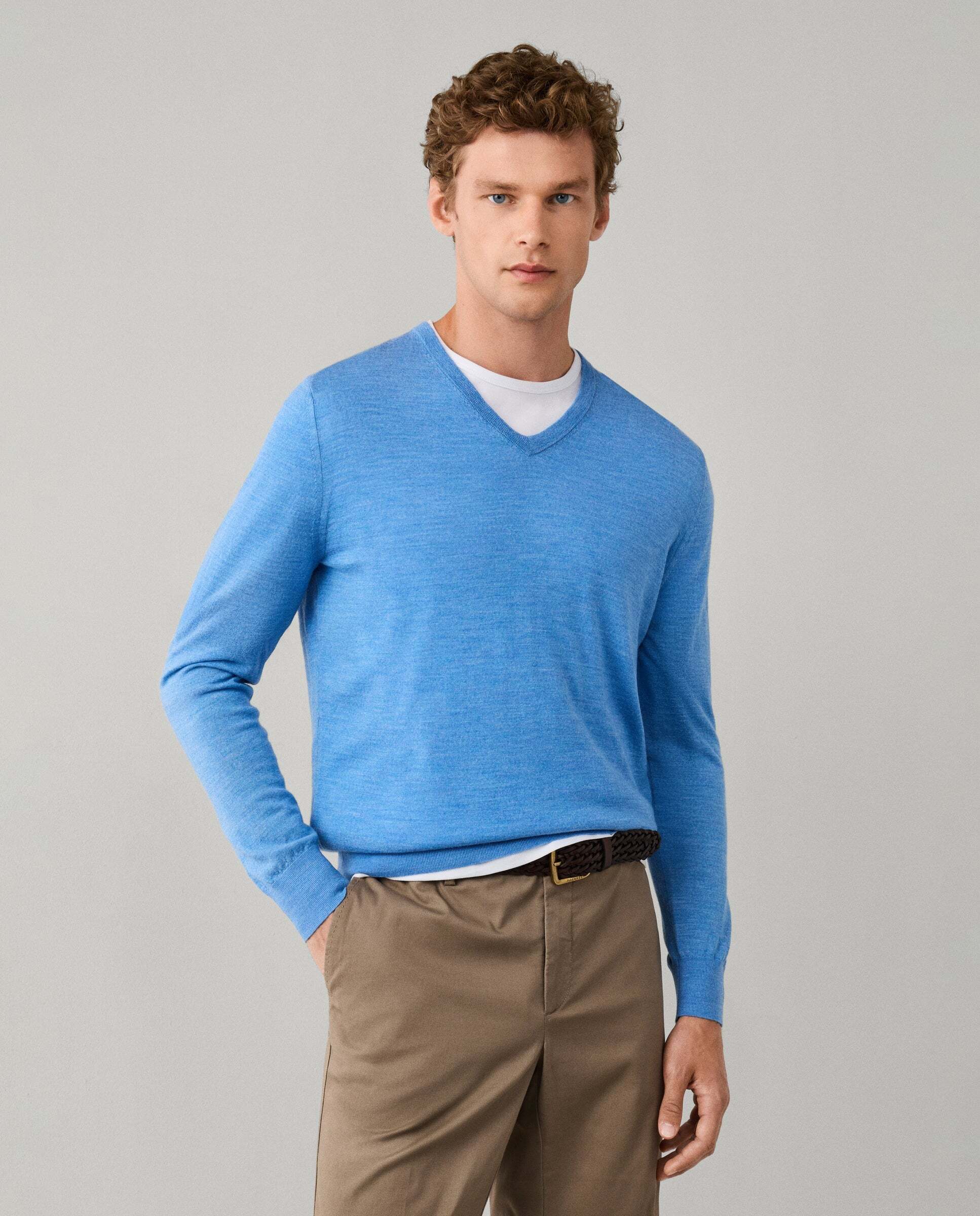 Jersey de hombre de lana merino cuello pico - Hackett - Azul Azul-1