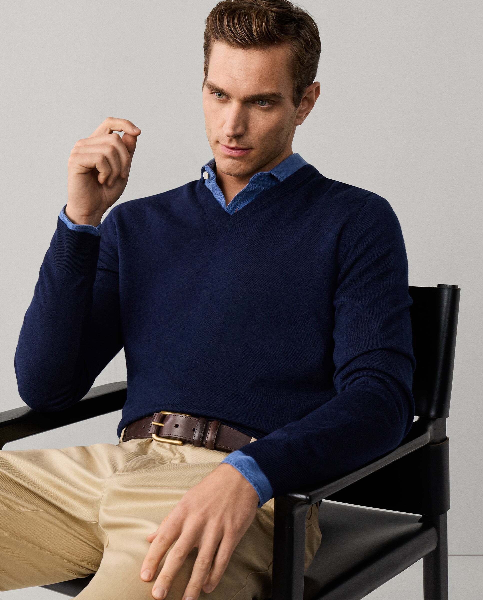 Jersey de hombre de lana merino cuello pico - Hackett - Azul marino Azul marino-8