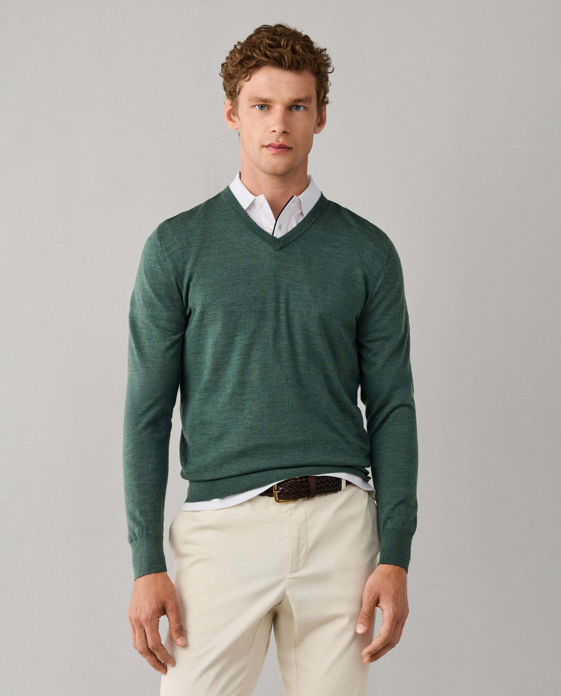 Jersey de hombre de lana merino cuello pico - Hackett - Verde Verde-1