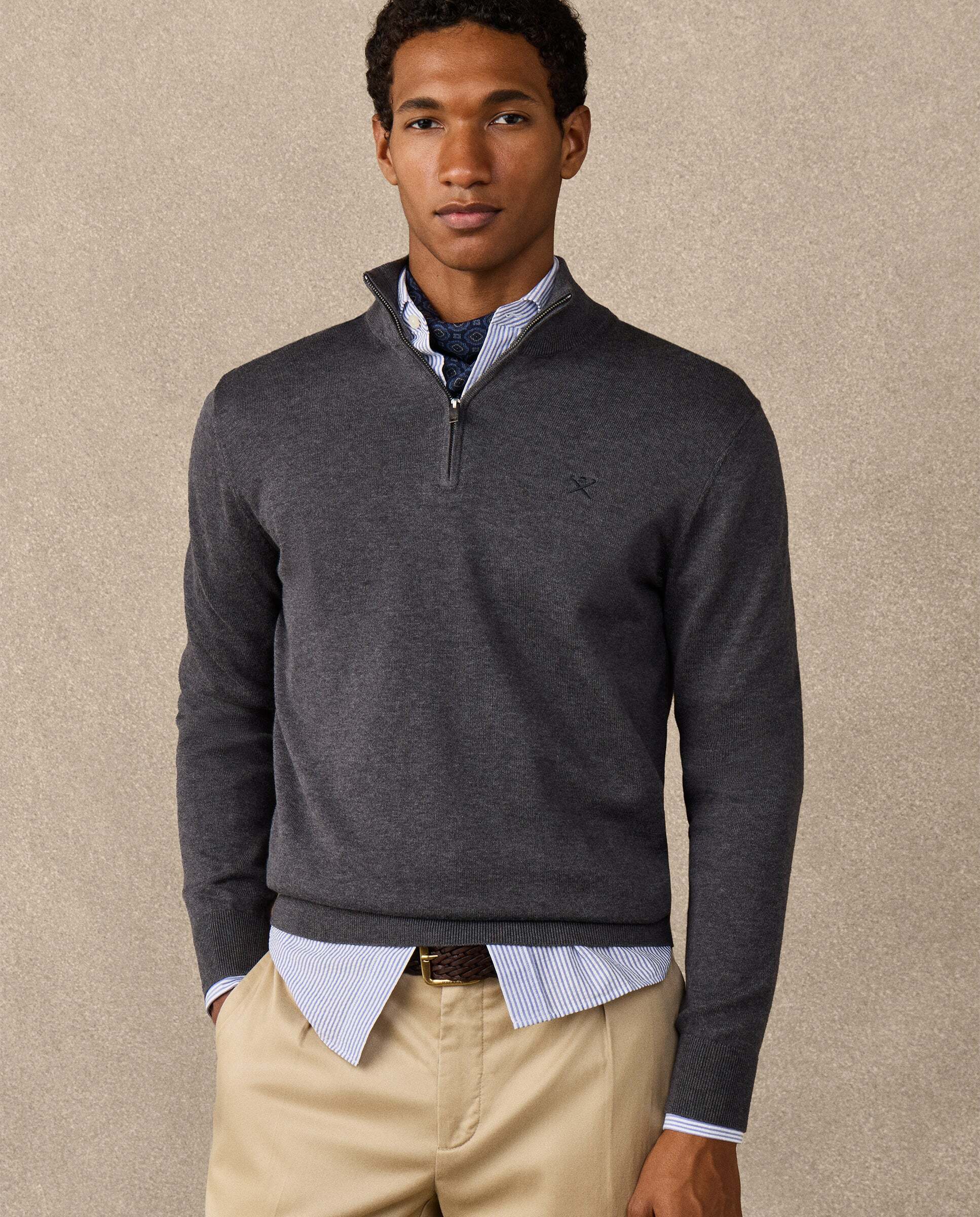 Jersey de hombre cuarto de cremallera algodón - Hackett - Gris oscuro Gris oscuro-7