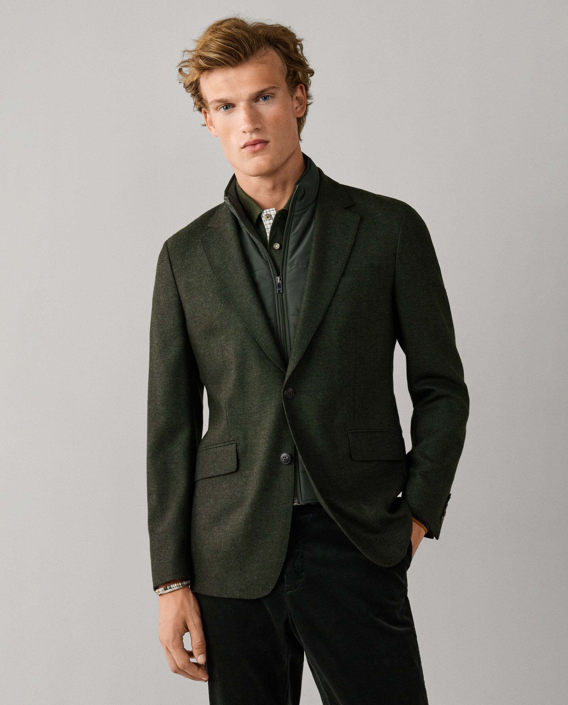 Americana de hombre de sarga mezcla de lana con pechera desmontable - Hackett - Verde Verde-1
