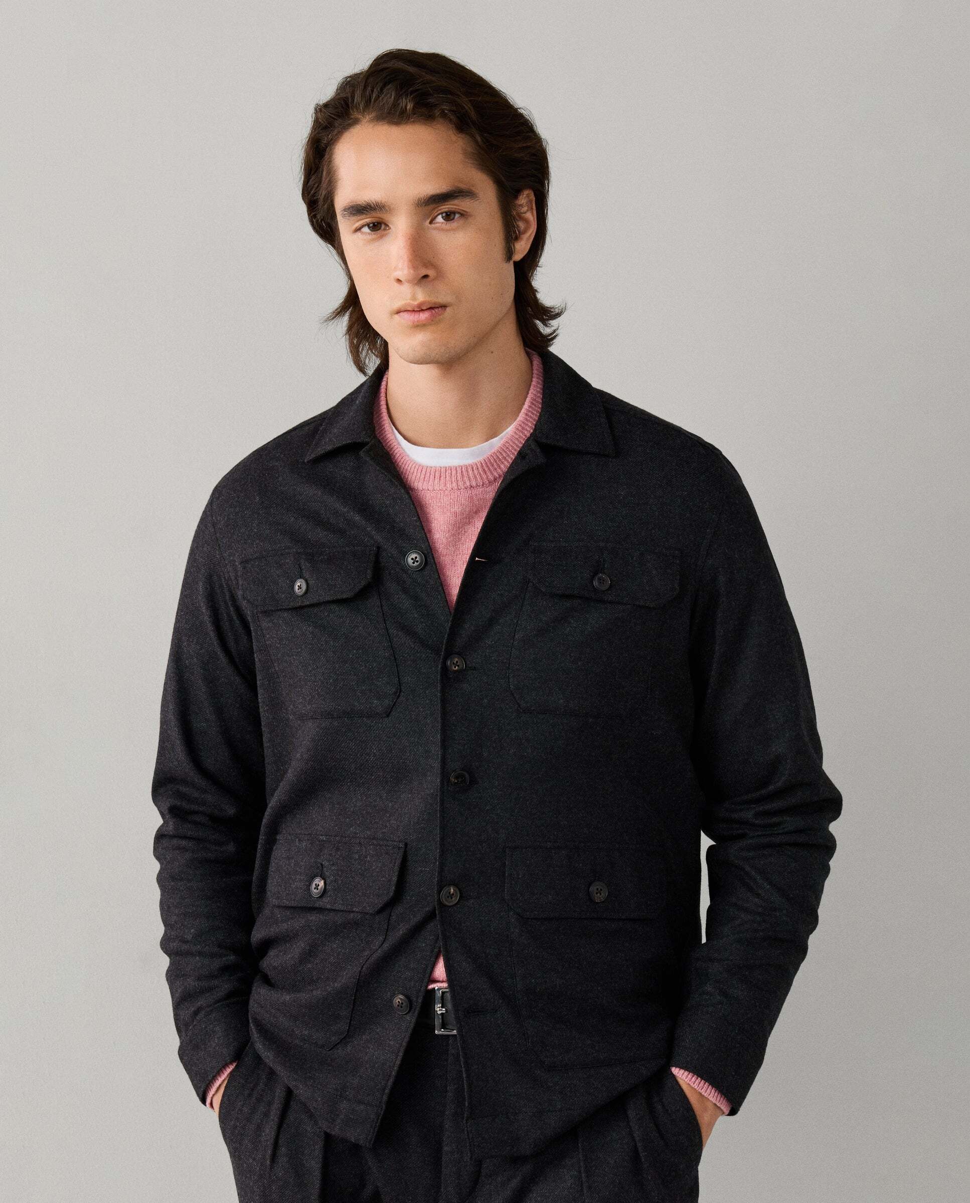 Sobrecamisa de hombre 4 bolsillos mezcla de lana-cashmere elástica - Hackett - Gris Gris-1