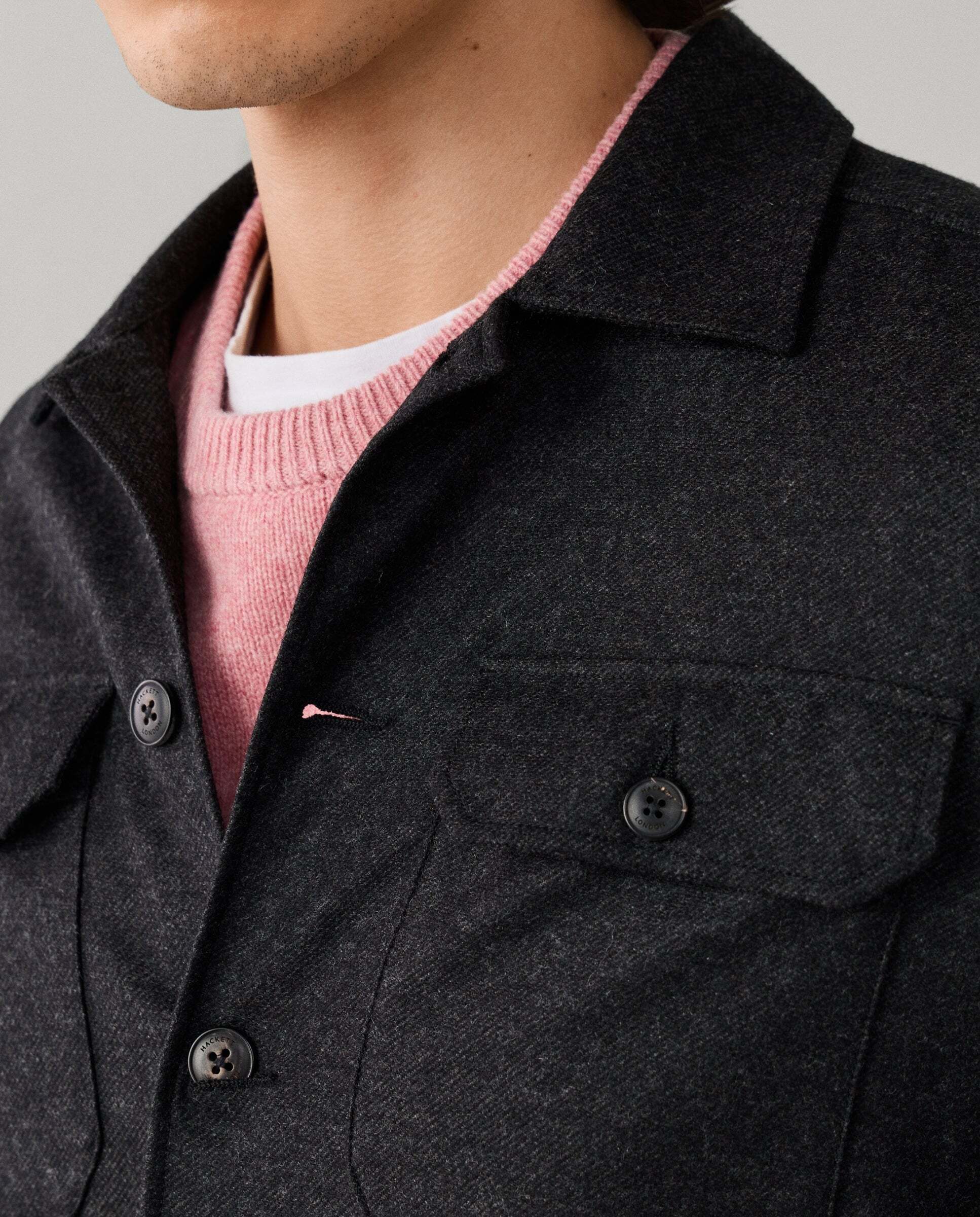 Sobrecamisa de hombre 4 bolsillos mezcla de lana-cashmere elástica - Hackett - Gris Gris-4