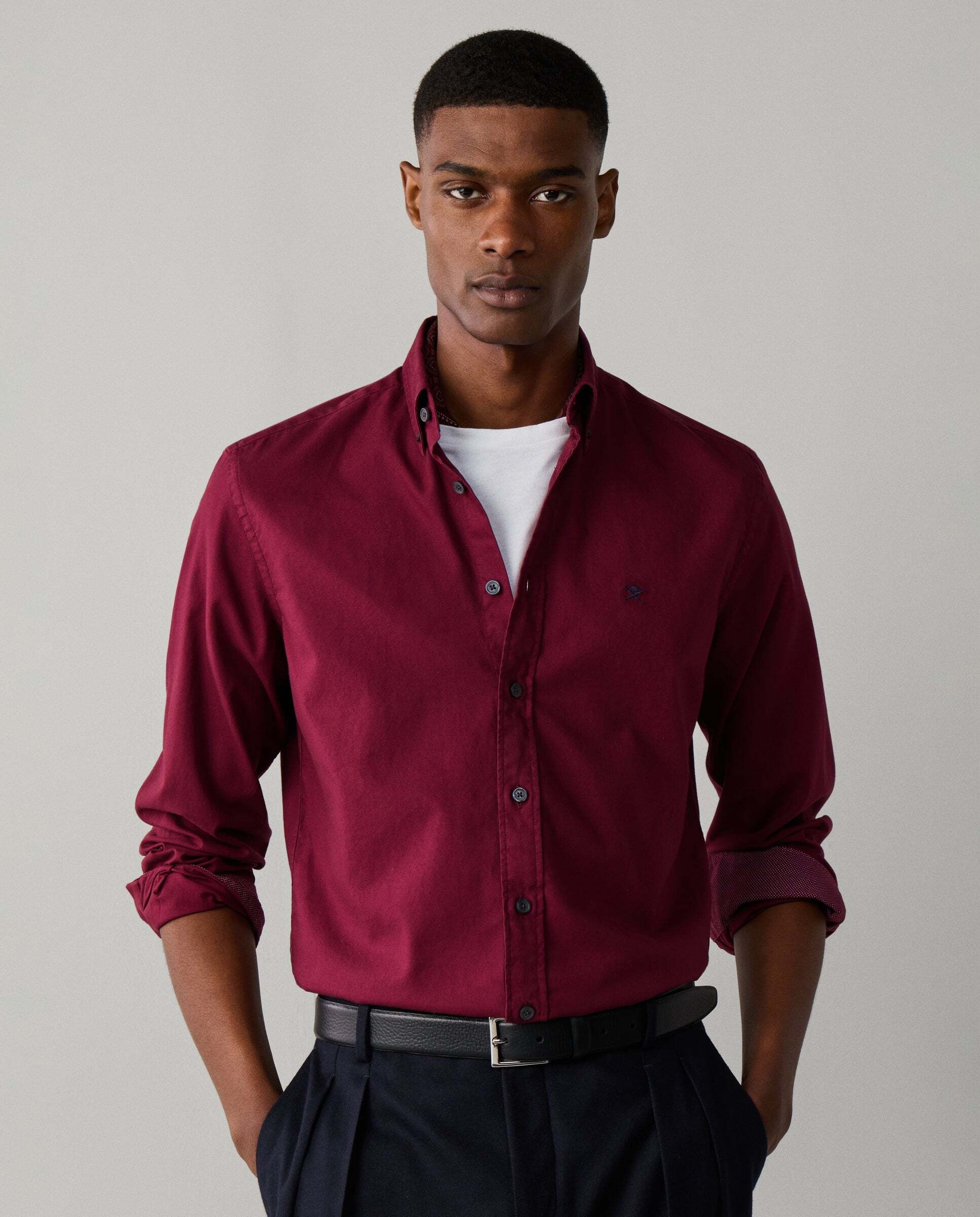 Camisa de hombre oxford teñida en prenda fit tailored - Hackett - Rojo Rojo-6