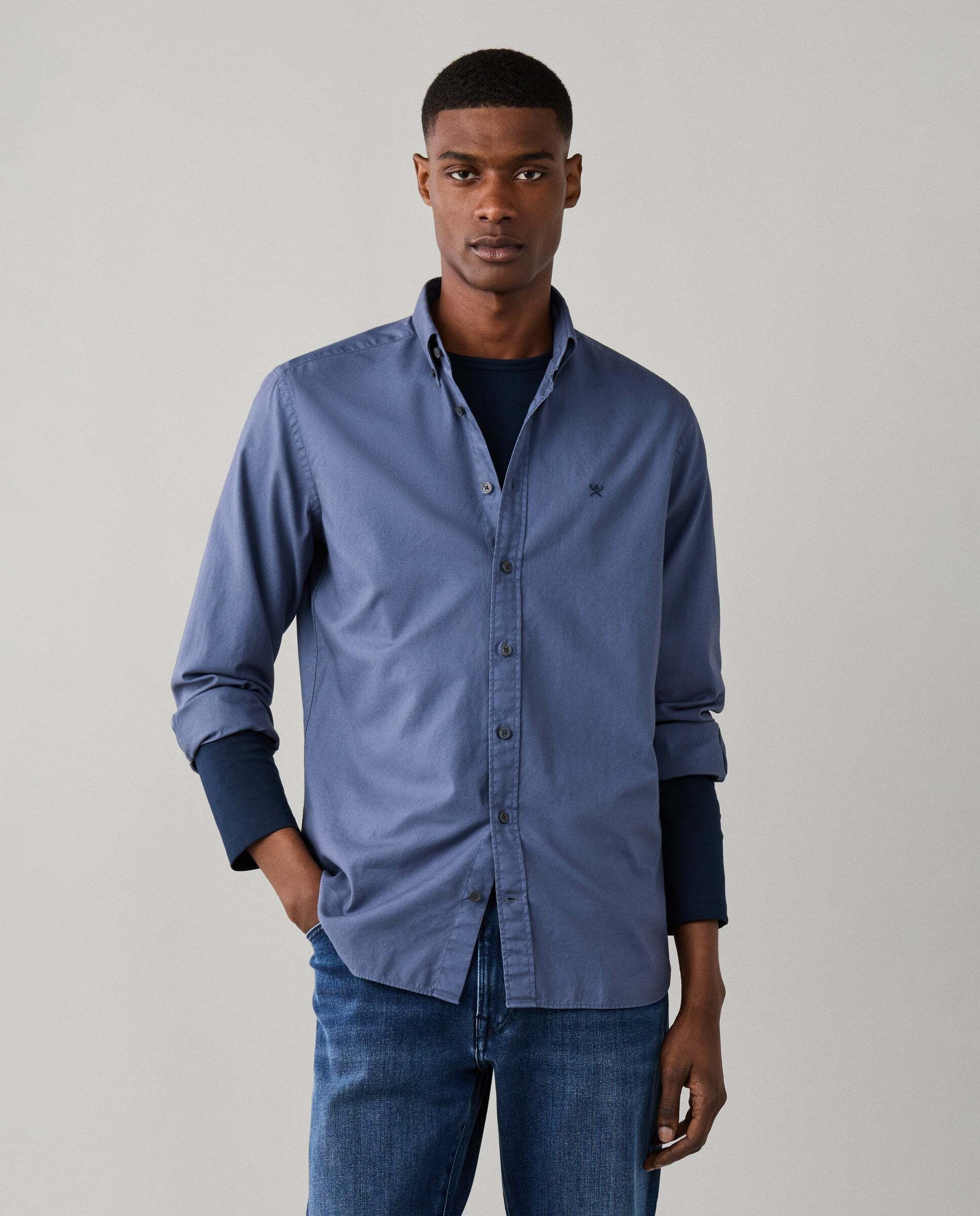 Camisa de hombre oxford teñida en prenda fit tailored - Hackett - Azul Azul-1