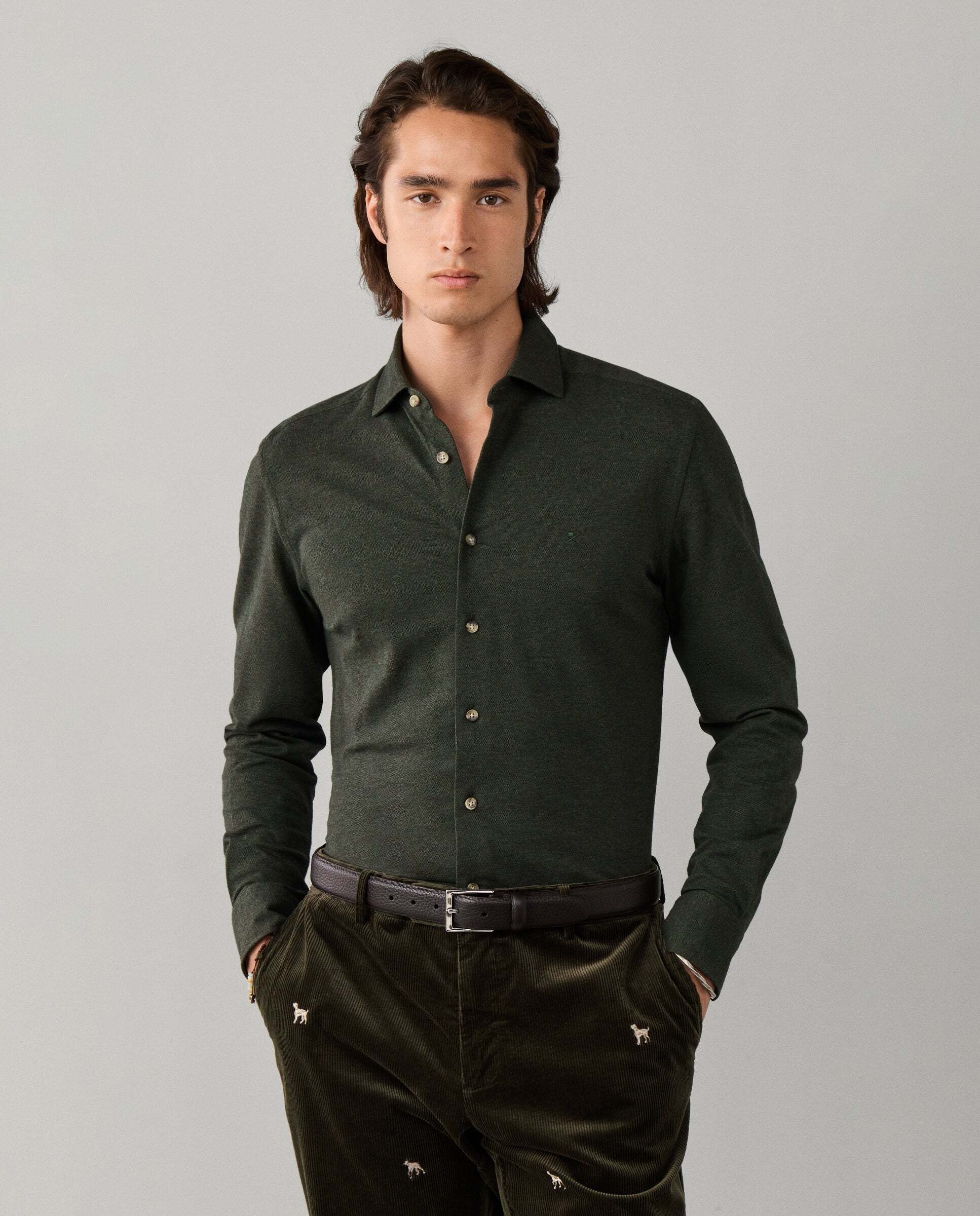 Camisa de hombre jersey melange fit tailored - Hackett - Verde Verde-1