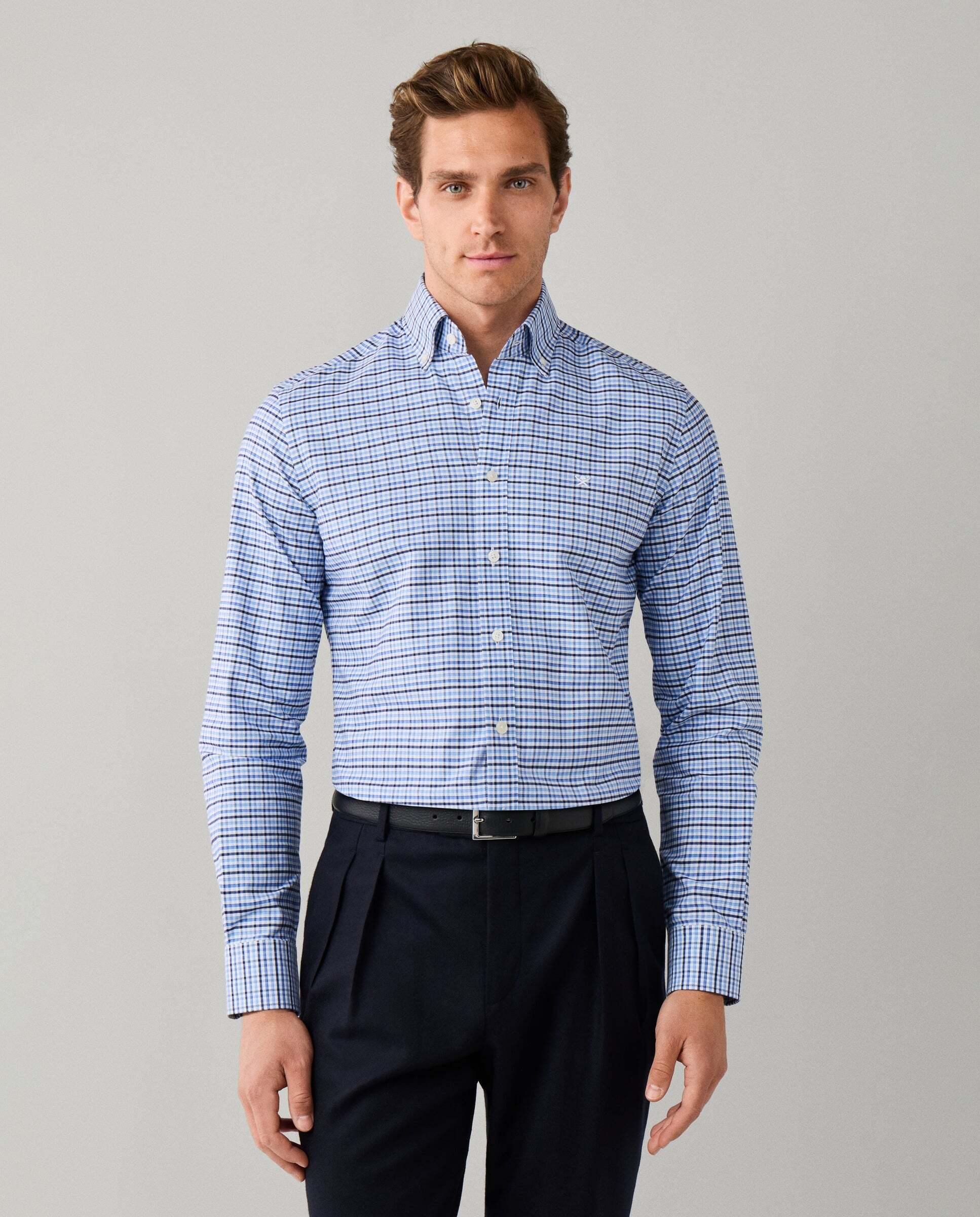 Camisa de hombre cuadros vichy tricolor fit tailored - Hackett - Azul claro Azul claro-1