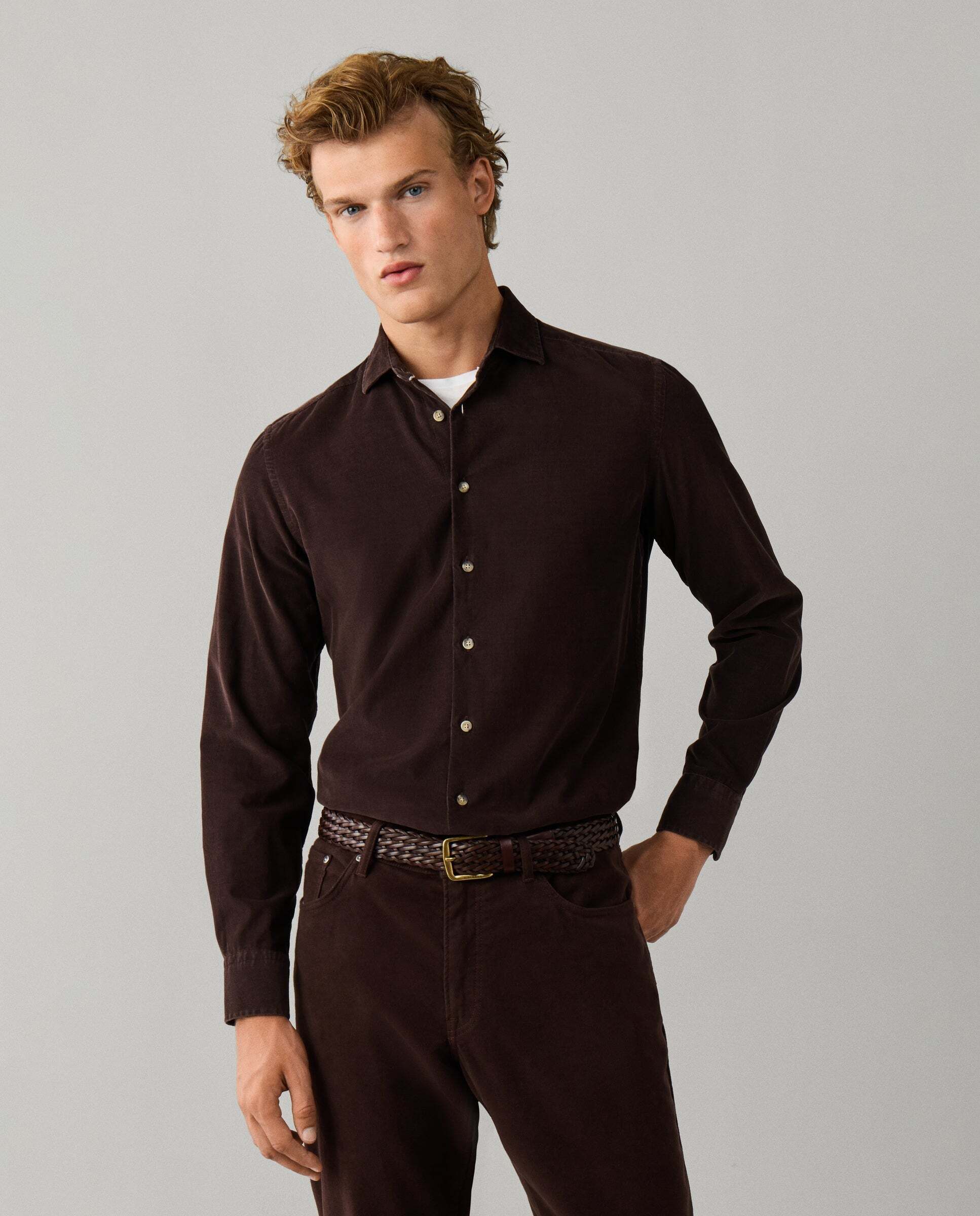 Camisa de hombre babycord fit tailored - Hackett - Marrón Marrón-1