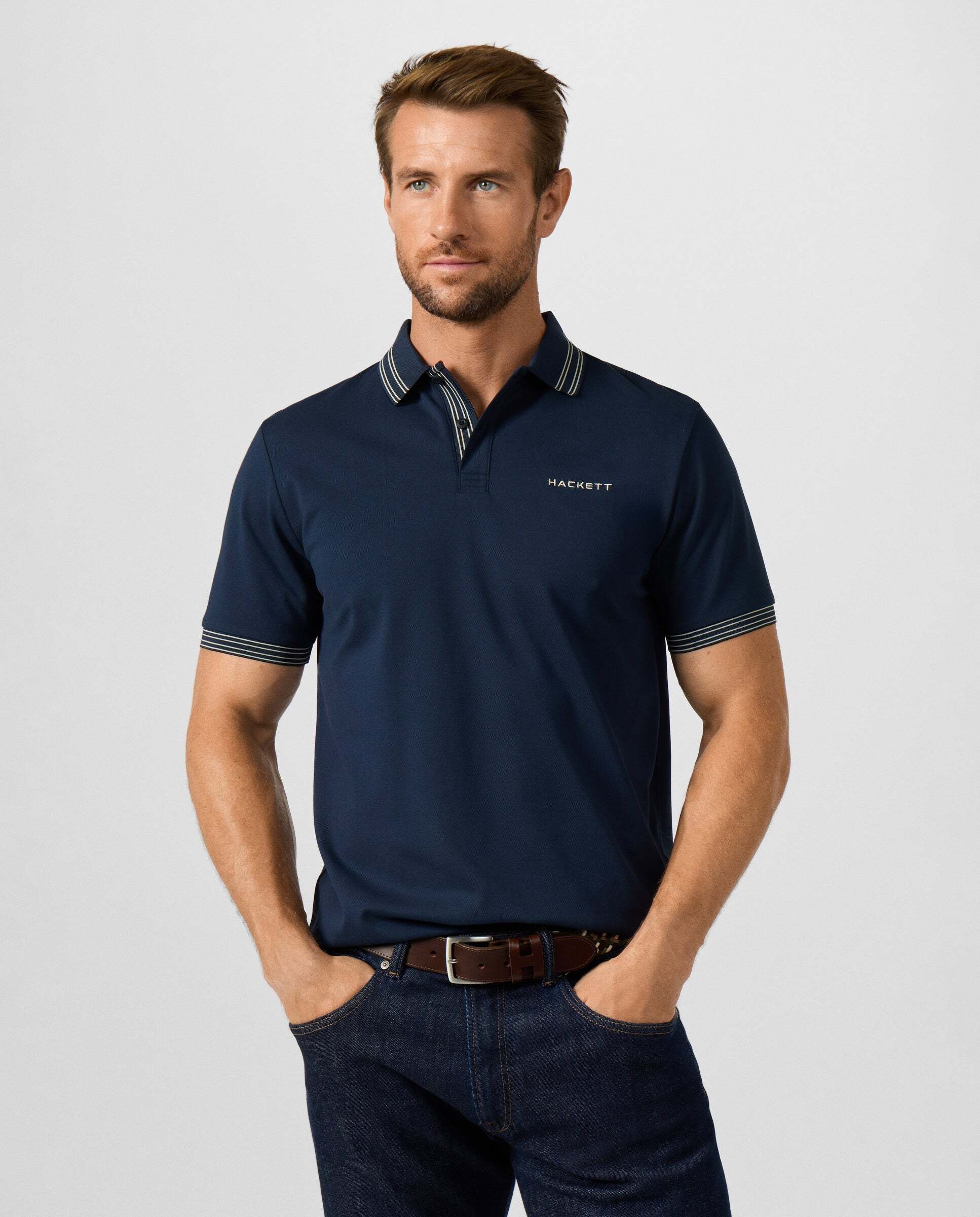 Polo de hombre manga corta con ribete micro fit clásico - Hackett - Azul marino Azul marino-1