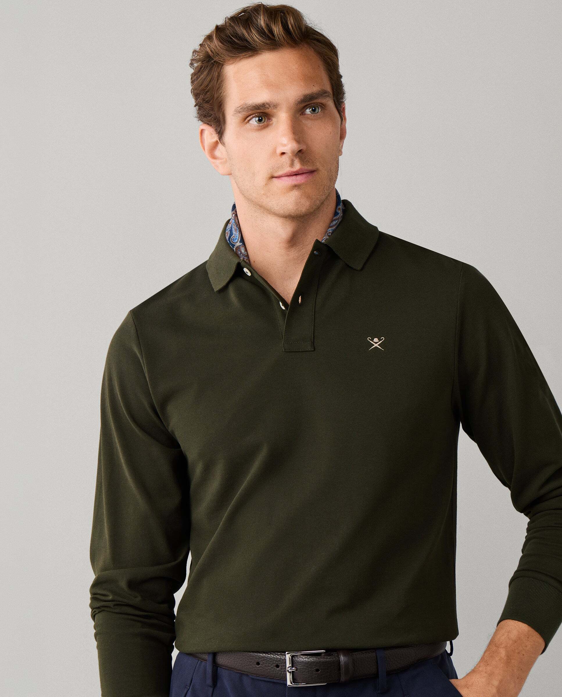 Polo de hombre manga larga con logo fit slim - Hackett - Verde militar Verde militar-5
