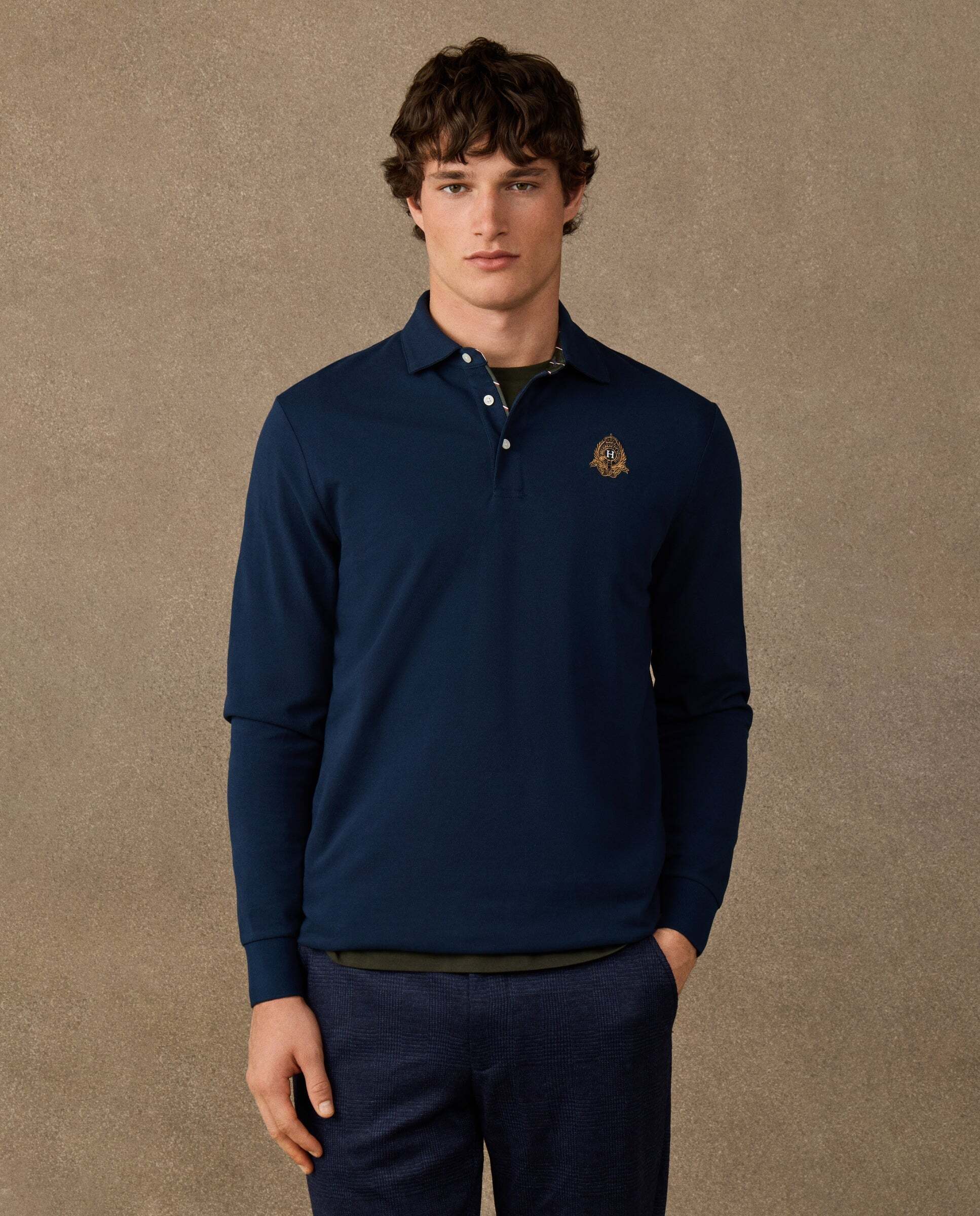 Polo de hombre manga larga con logo de escudo fit clásico - Hackett - Azul Azul-1
