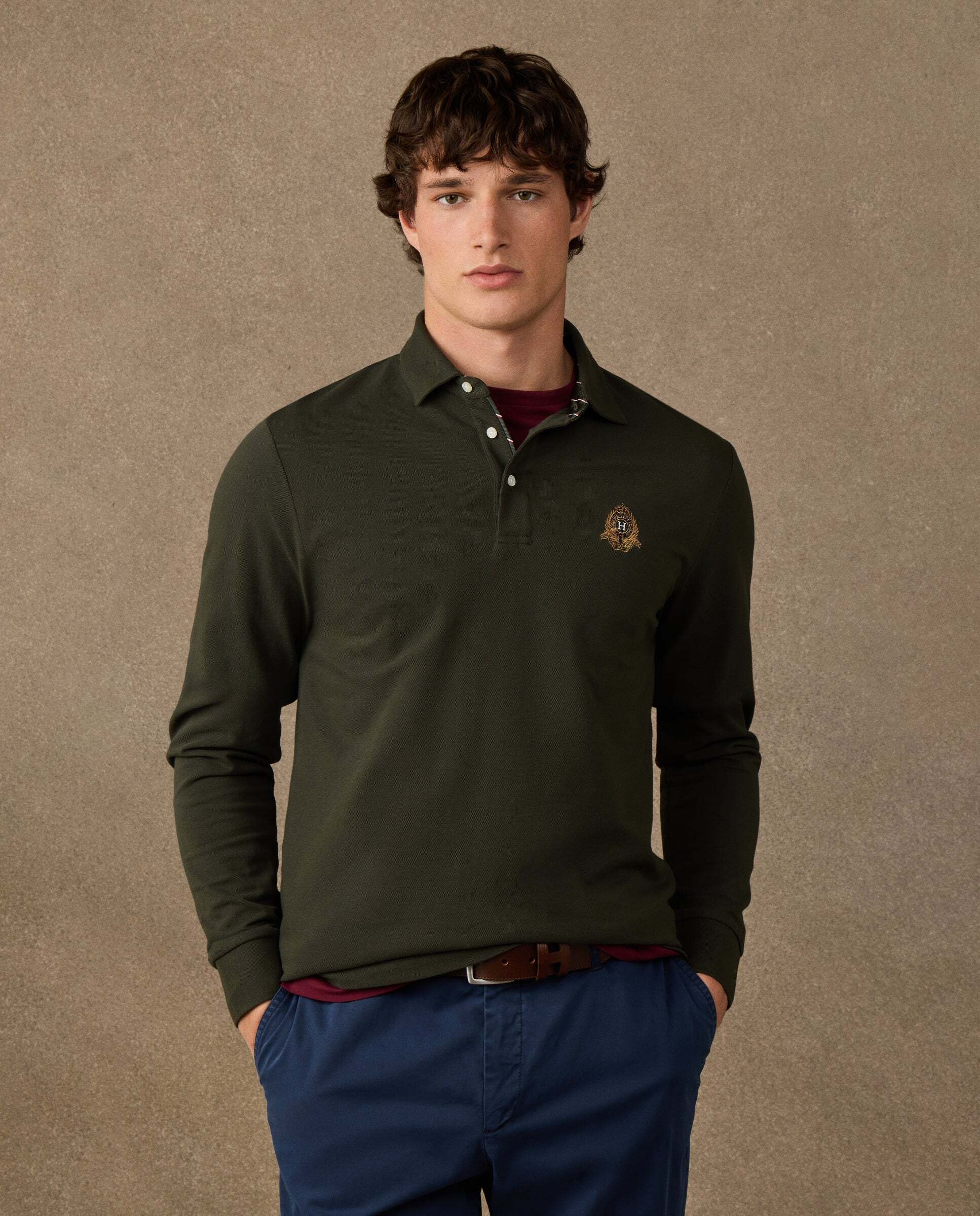 Polo de hombre manga larga con logo de escudo fit clásico - Hackett - Verde Verde-1