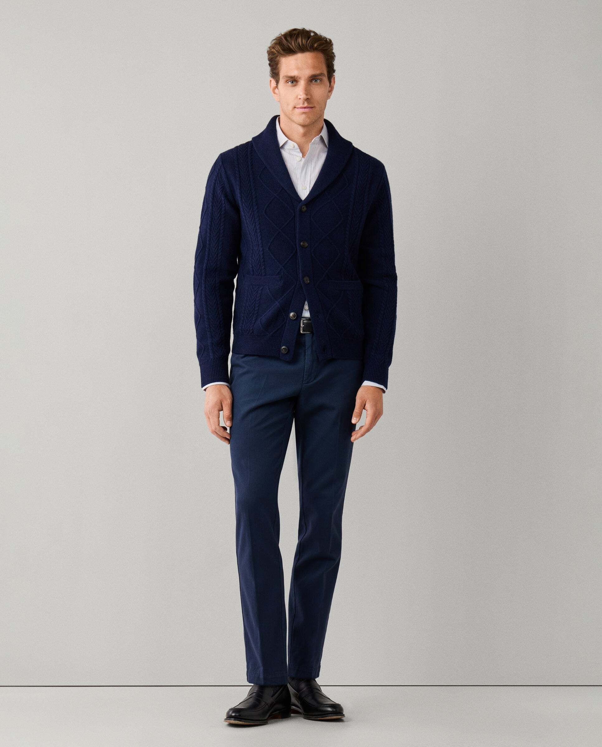 Cárdigan de hombre de punto trenzado de lana-cashmere con cuello chal - Hackett - Azul Azul-2