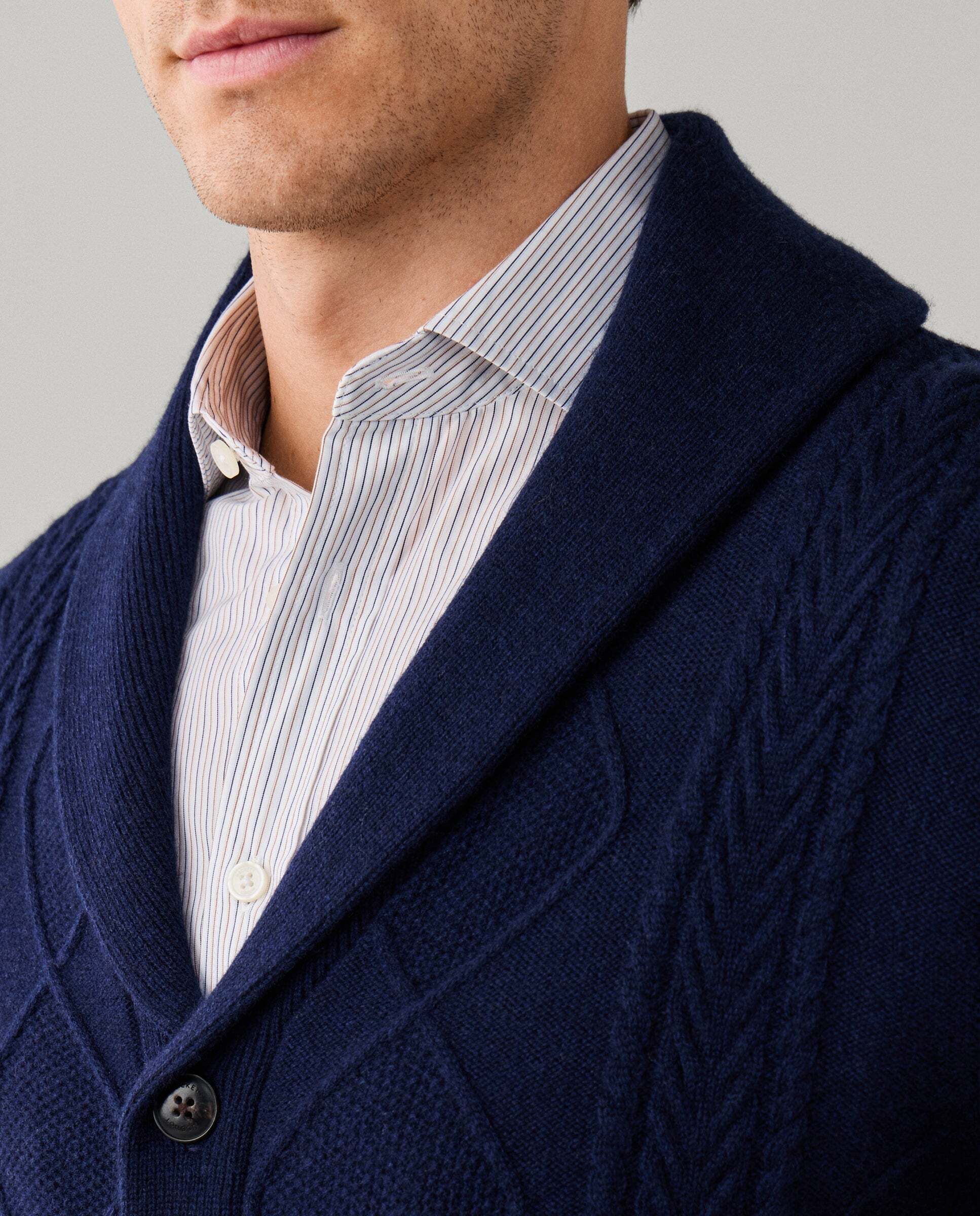 Cárdigan de hombre de punto trenzado de lana-cashmere con cuello chal - Hackett - Azul Azul-4