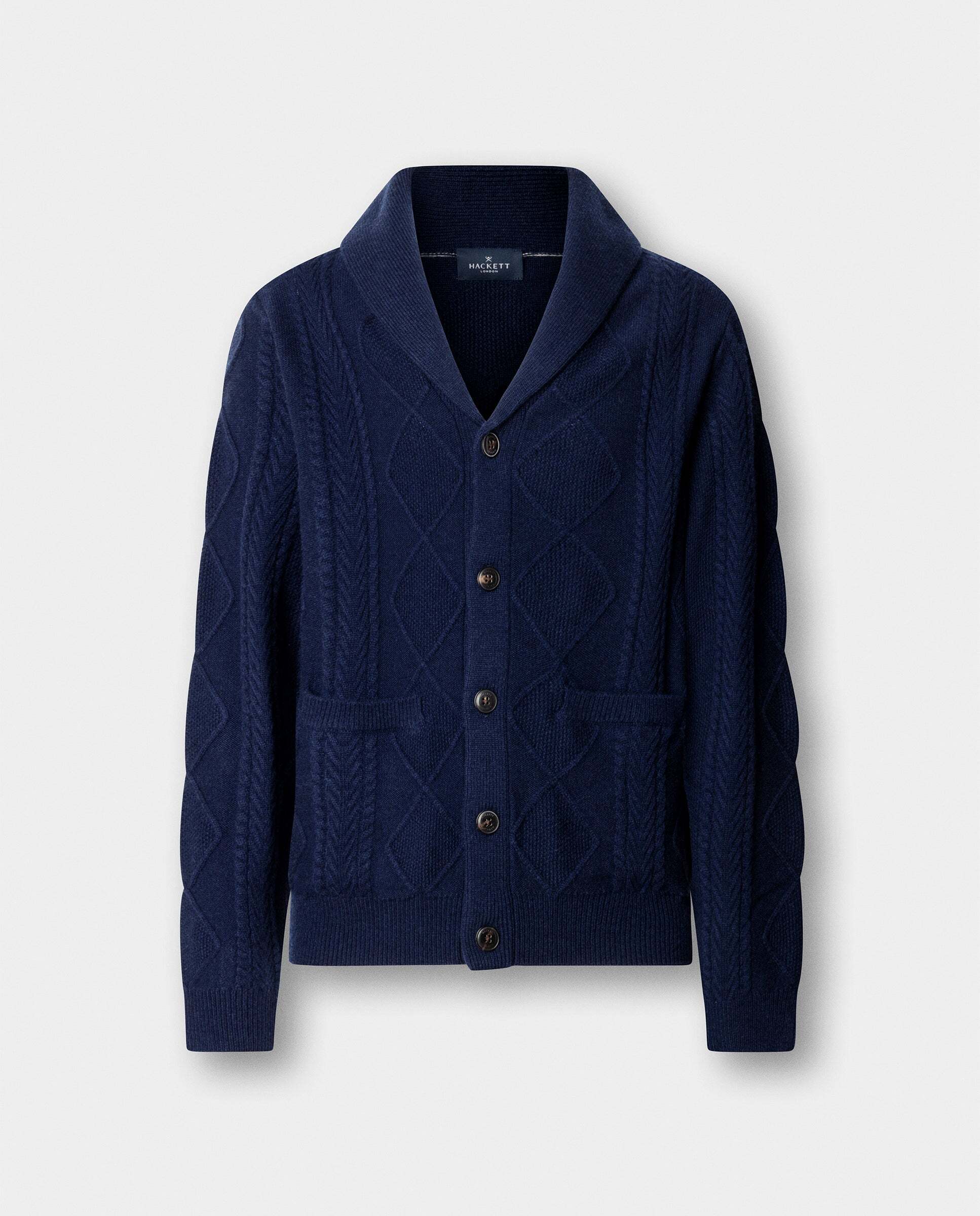 Cárdigan de hombre de punto trenzado de lana-cashmere con cuello chal - Hackett - Azul Azul-6