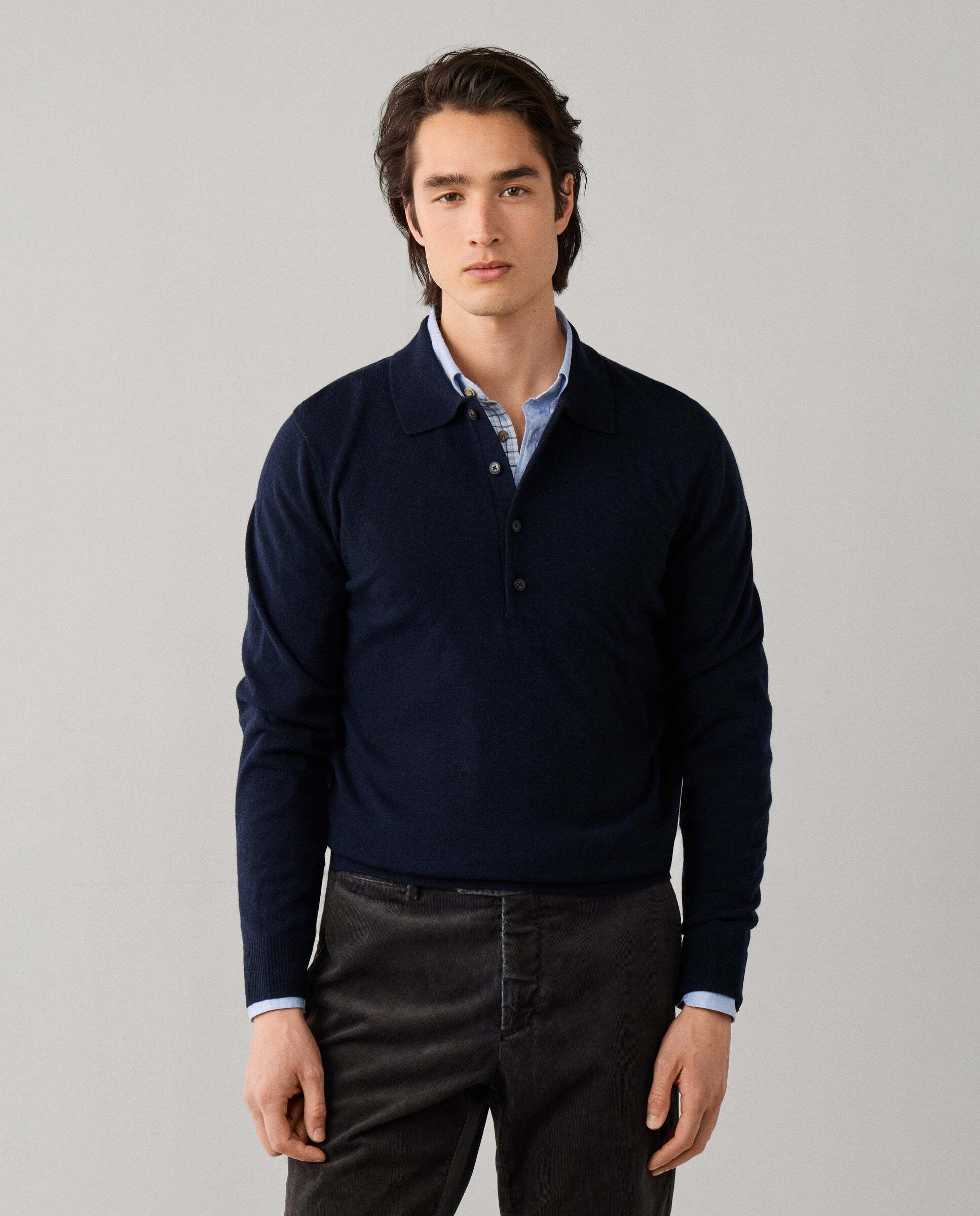 Polo de hombre de punto manga larga en lana de cordero - Hackett - Azul Azul-1