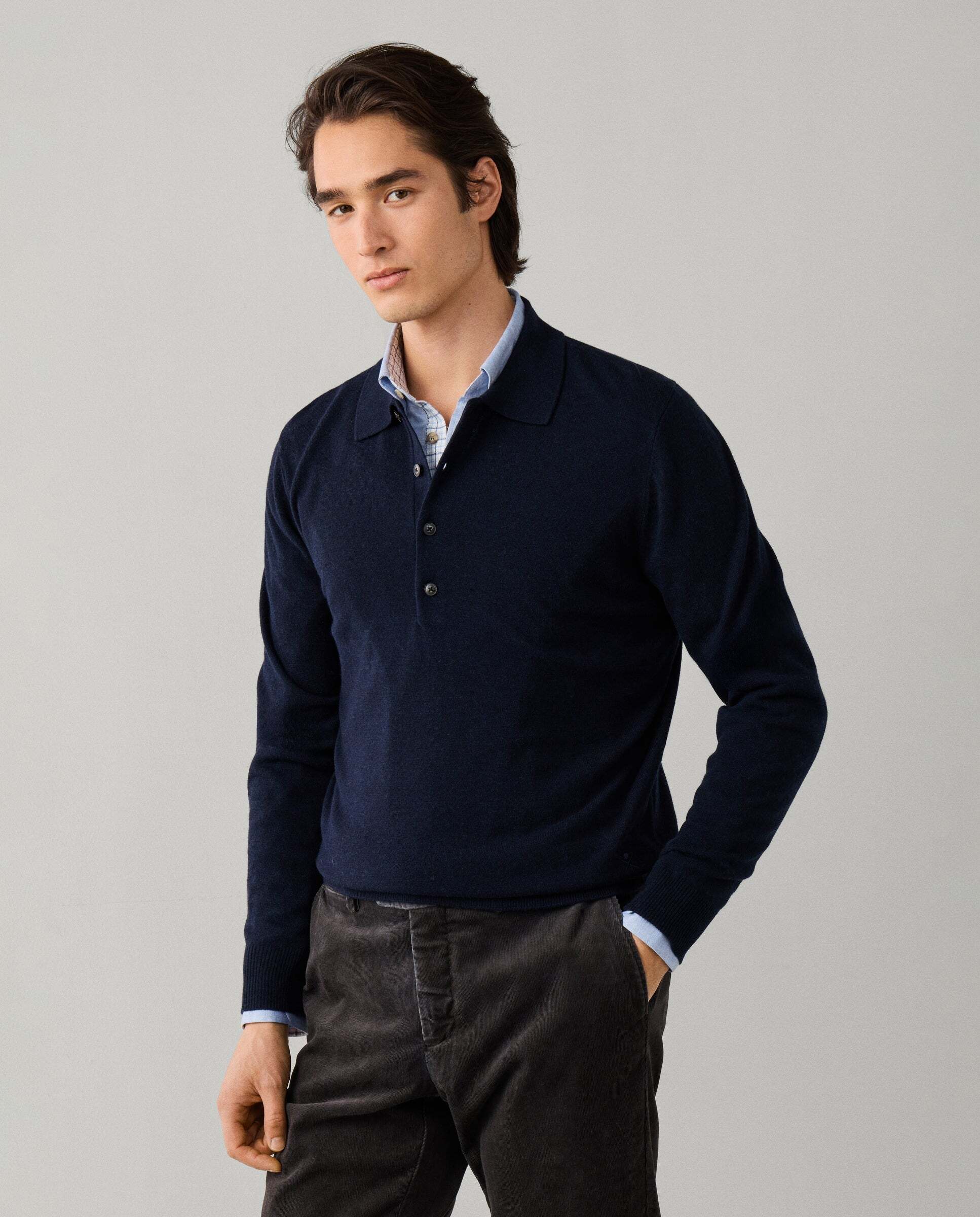 Polo de hombre de punto manga larga en lana de cordero - Hackett - Azul Azul-5
