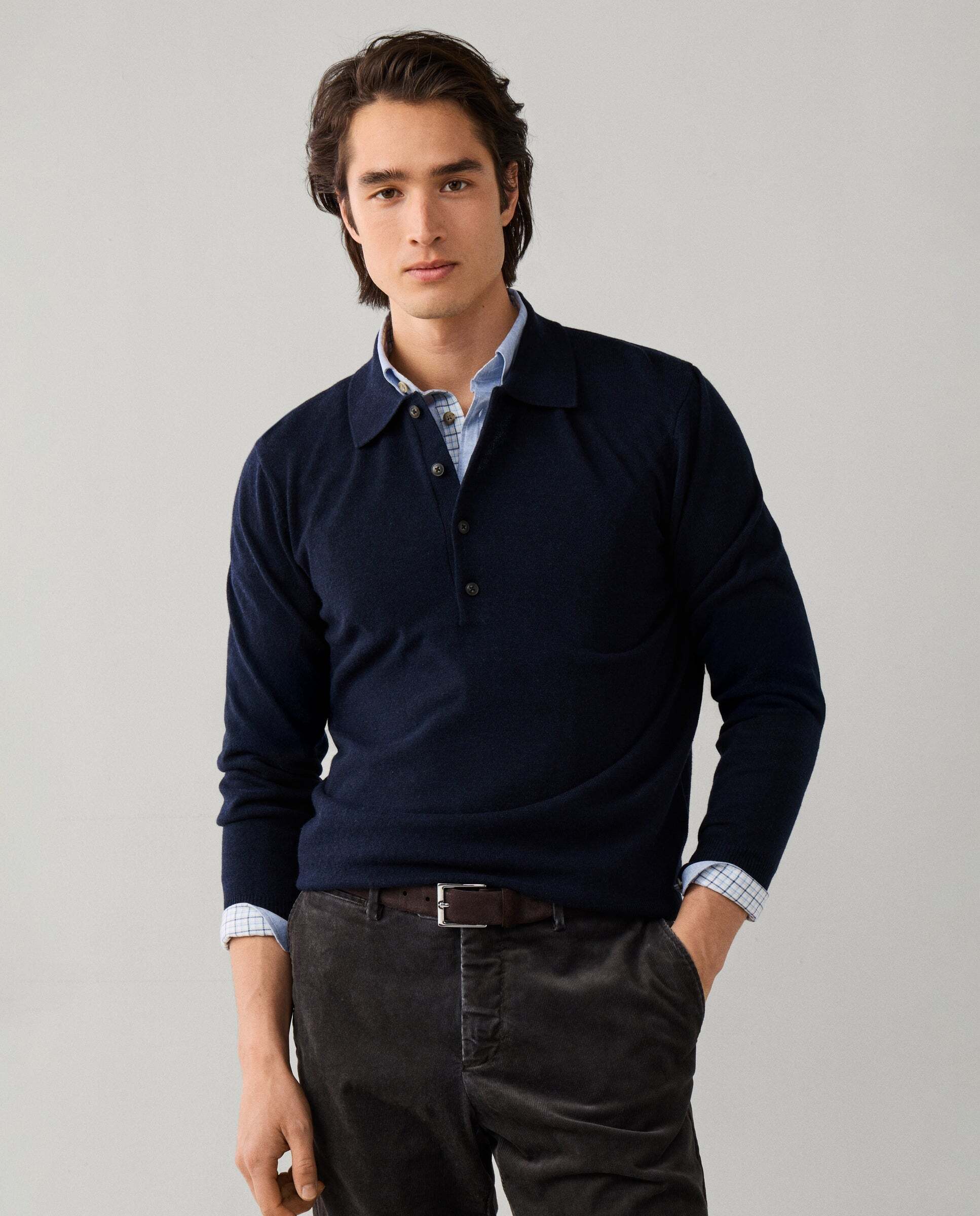 Polo de hombre de punto manga larga en lana de cordero - Hackett - Azul Azul-6