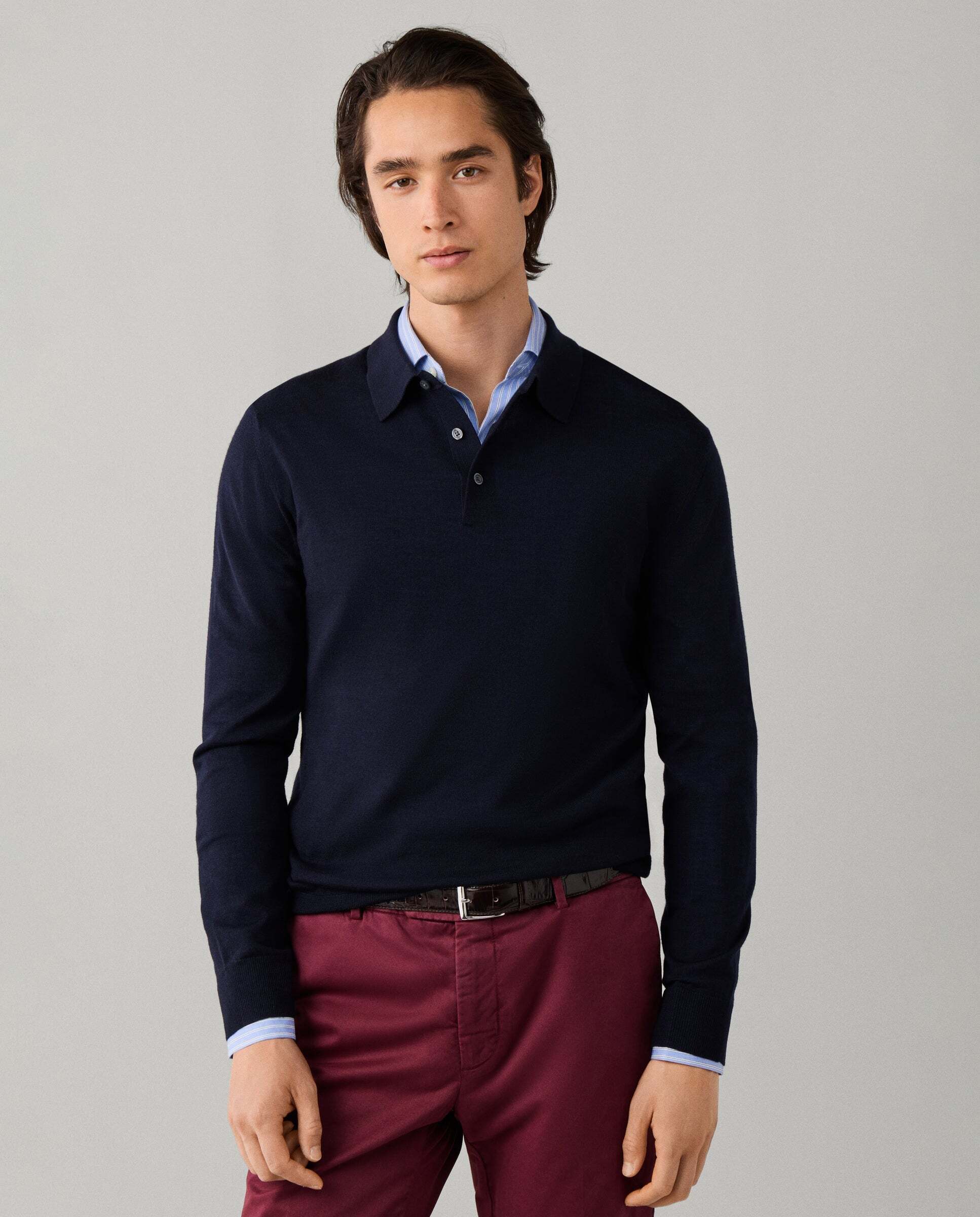Polo de hombre de punto en lana merino-seda de manga larga - Hackett - Azul Azul-1