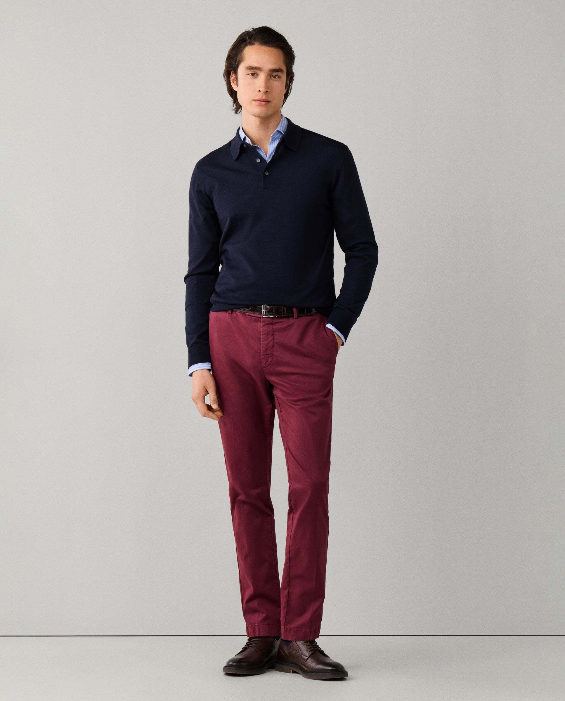 Polo de hombre de punto en lana merino-seda de manga larga - Hackett - Azul Azul-2