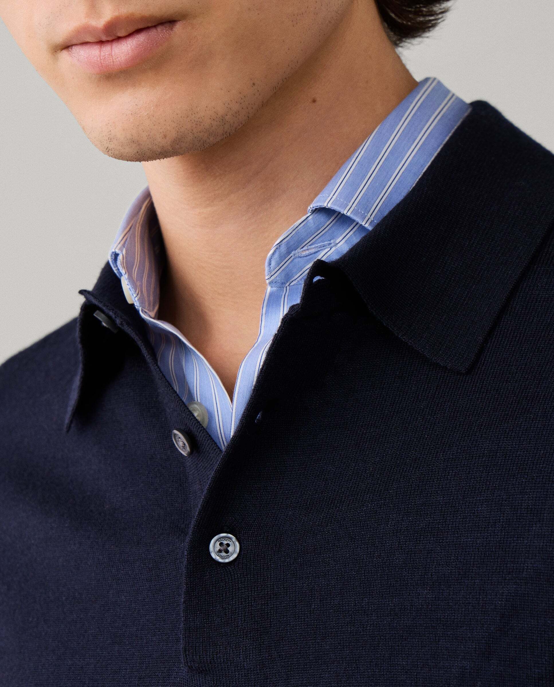 Polo de hombre de punto en lana merino-seda de manga larga - Hackett - Azul Azul-4