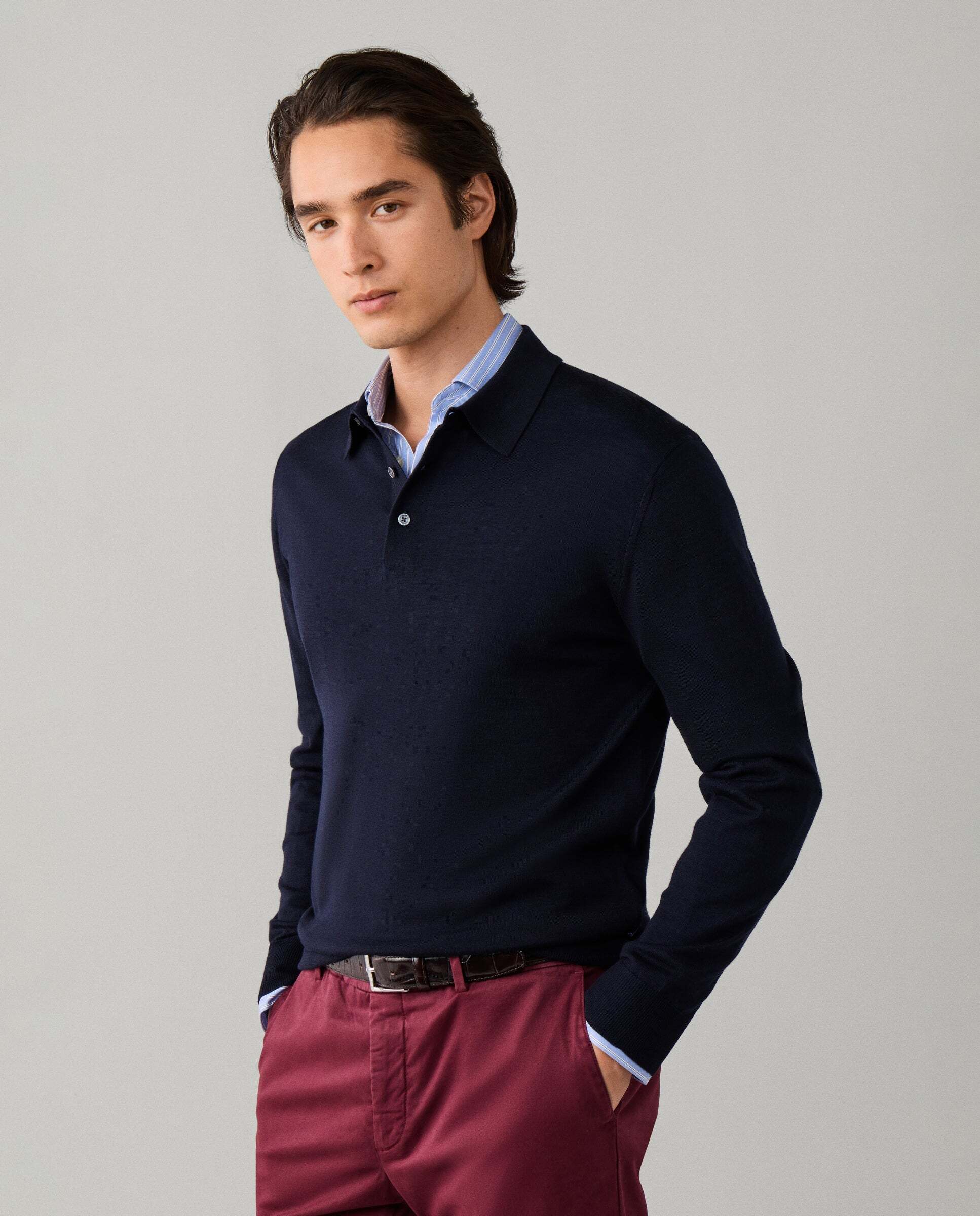 Polo de hombre de punto en lana merino-seda de manga larga - Hackett - Azul Azul-5
