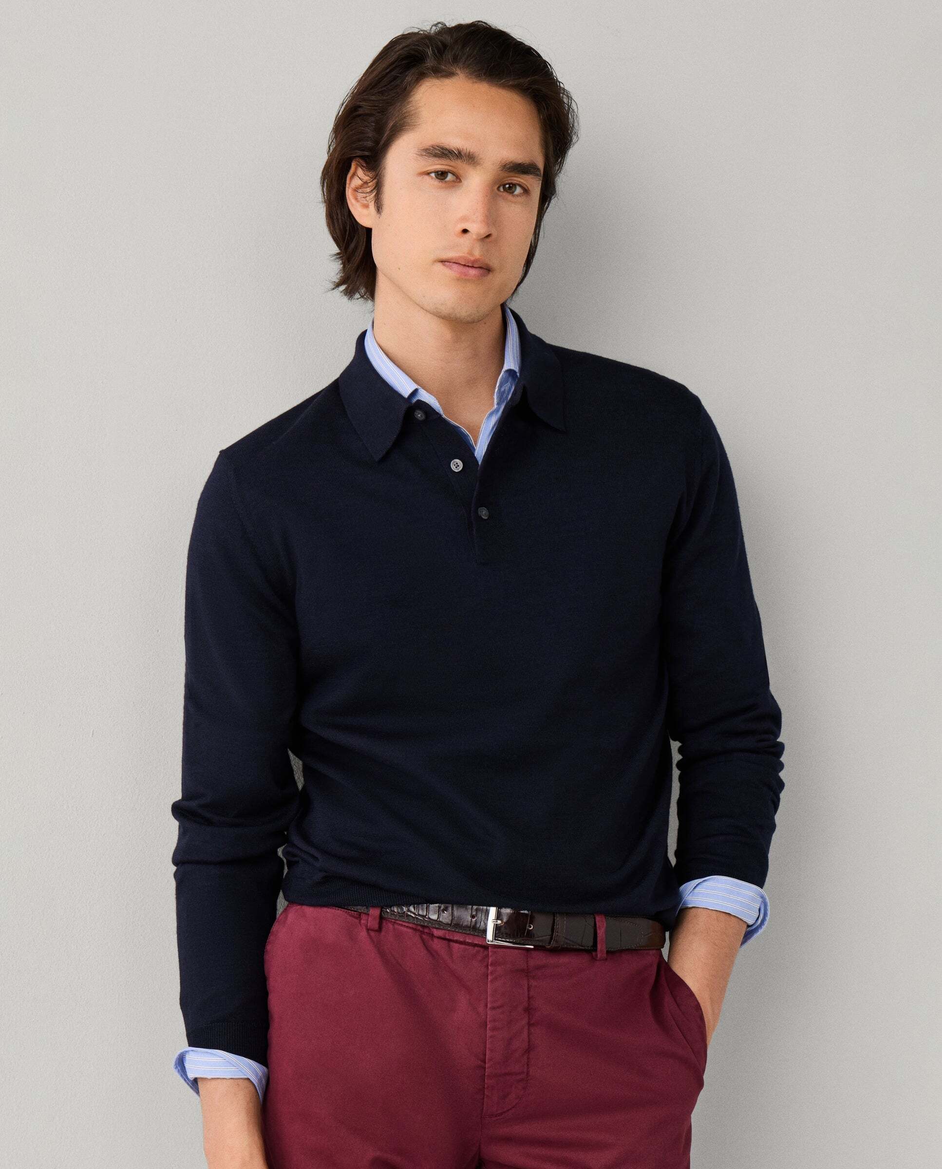 Polo de hombre de punto en lana merino-seda de manga larga - Hackett - Azul Azul-6