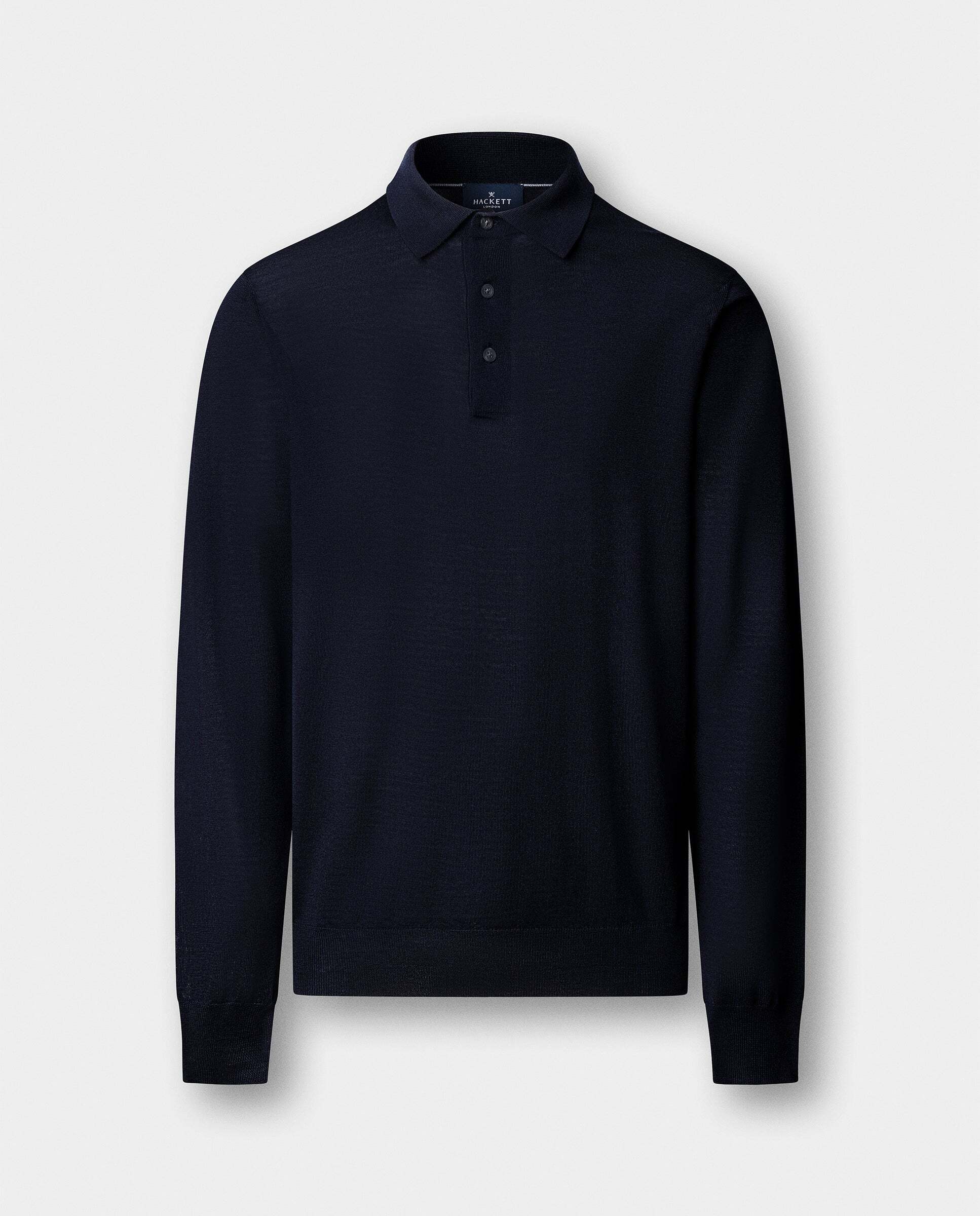 Polo de hombre de punto en lana merino-seda de manga larga - Hackett - Azul Azul-7