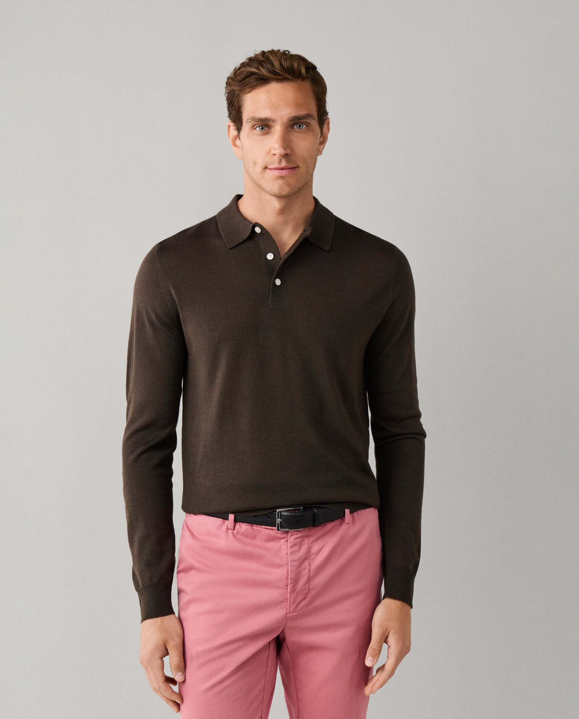 Polo de hombre de punto en lana merino-seda de manga larga - Hackett - Verde Verde-1
